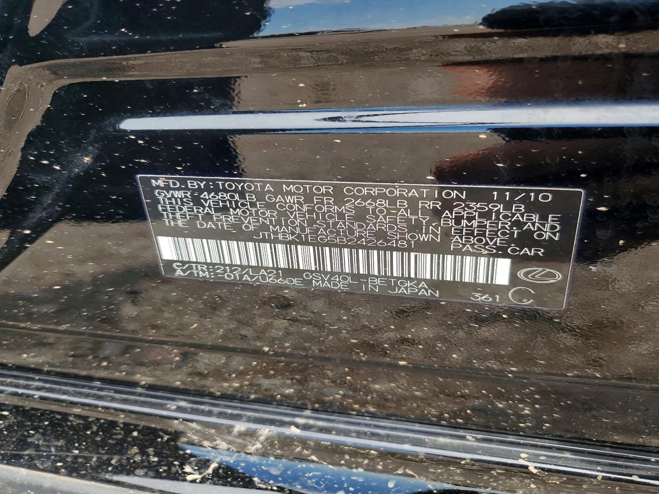 2011 Lexus Es 350 Черный vin: JTHBK1EG5B2426481