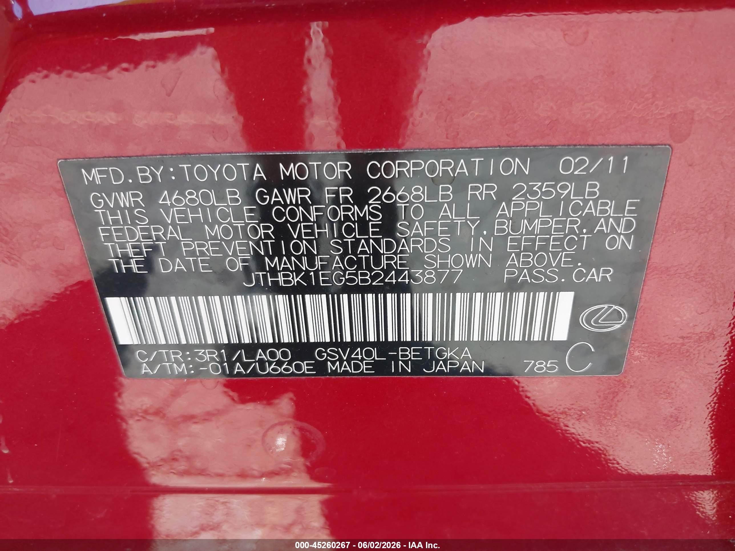 2011 Lexus Es 350   Red vin: JTHBK1EG5B2443877