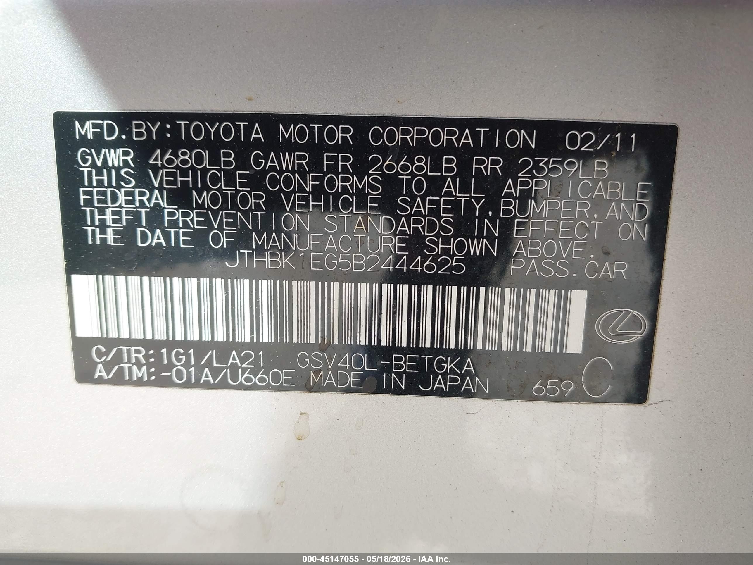 2011 Lexus Es 350   Silver vin: JTHBK1EG5B2444625