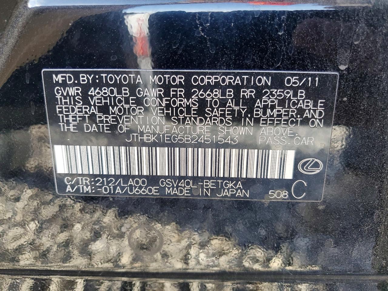 2011 Lexus Es 350 Black vin: JTHBK1EG5B2451543