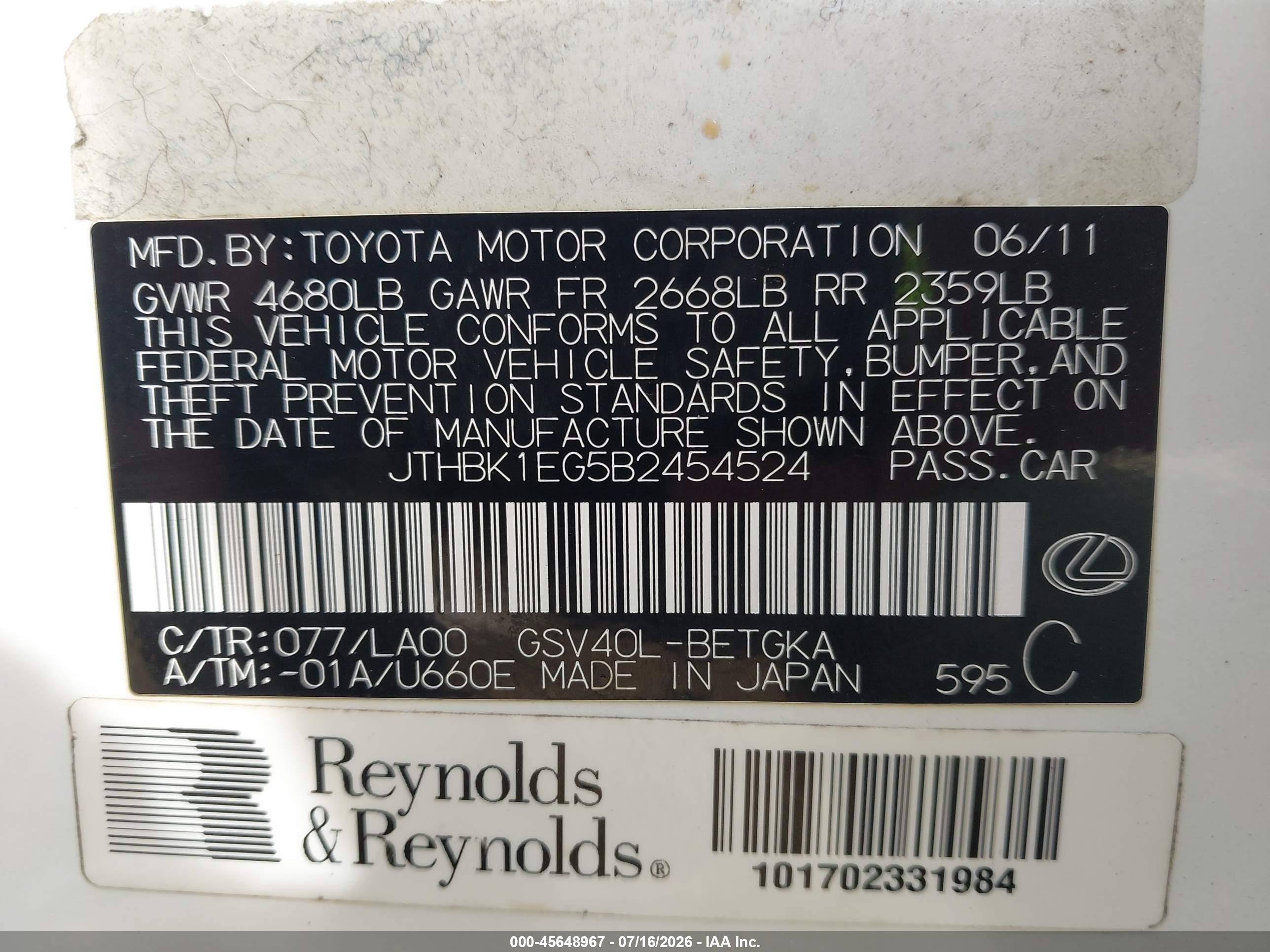 2011 Lexus Es 350   White vin: JTHBK1EG5B2454524