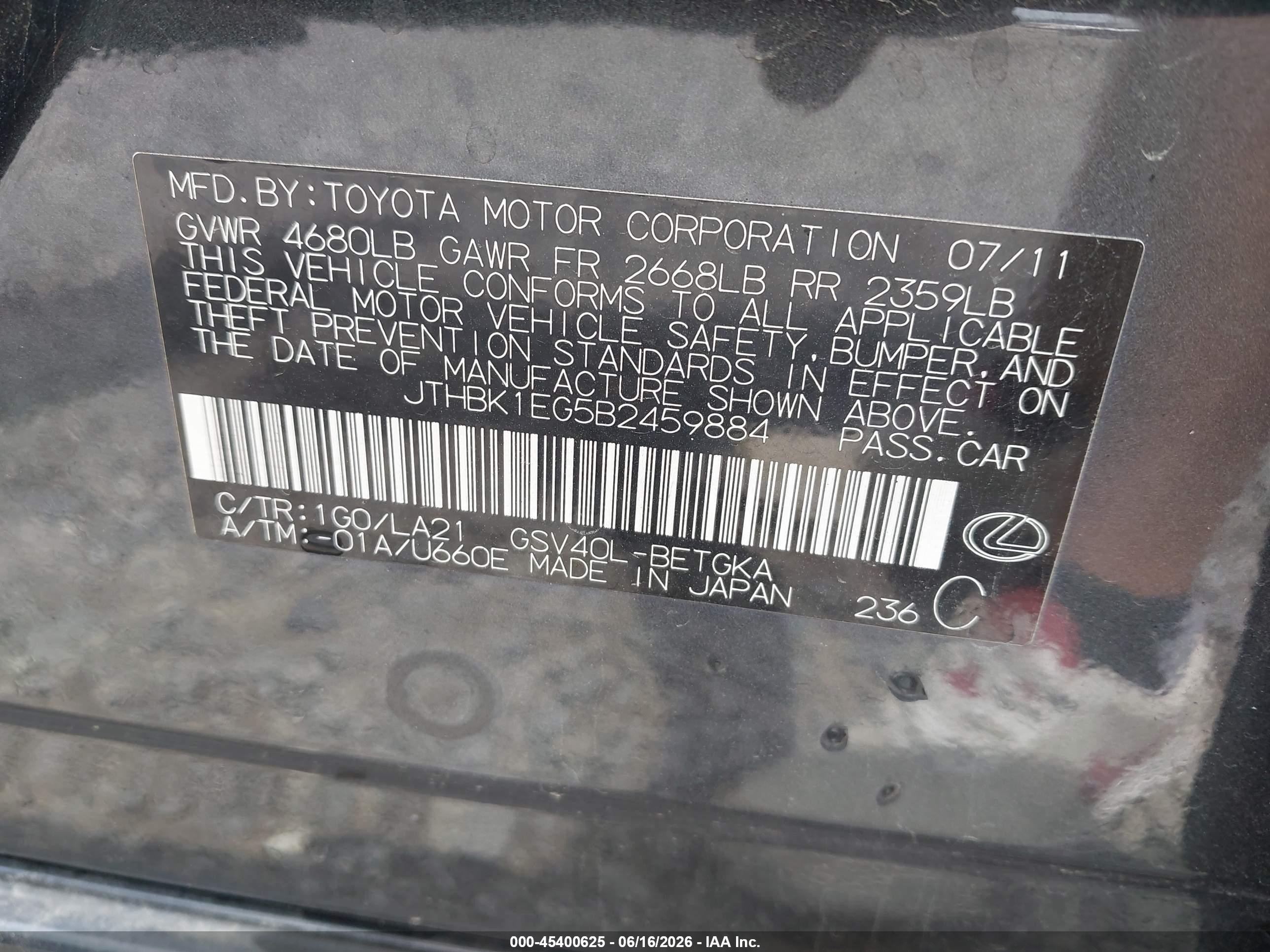 2011 Lexus Es 350   Black vin: JTHBK1EG5B2459884
