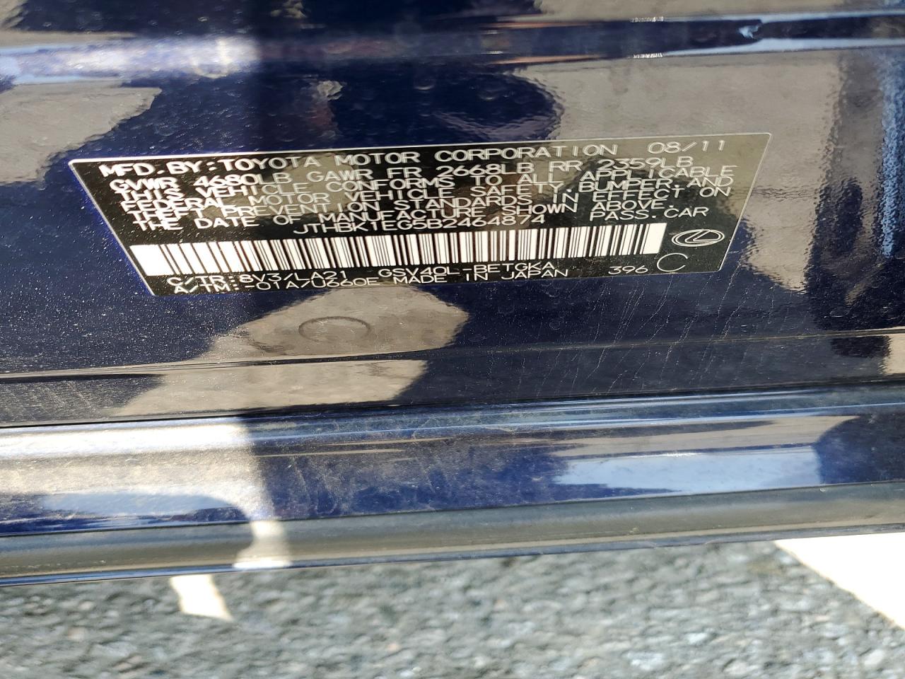 2011 Lexus Es 350 Blue vin: JTHBK1EG5B2464874