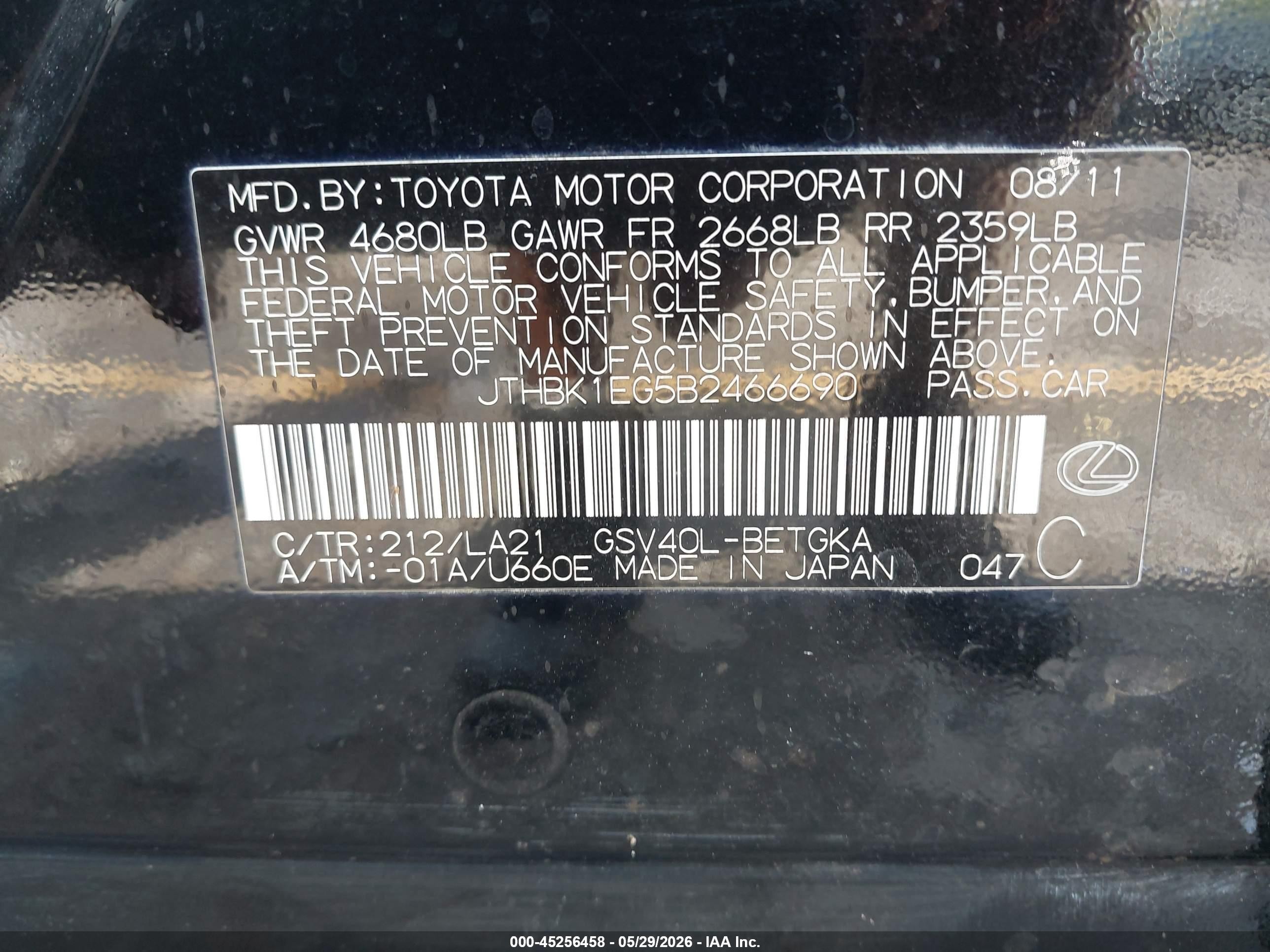 2011 Lexus Es 350   Черный vin: JTHBK1EG5B2466690