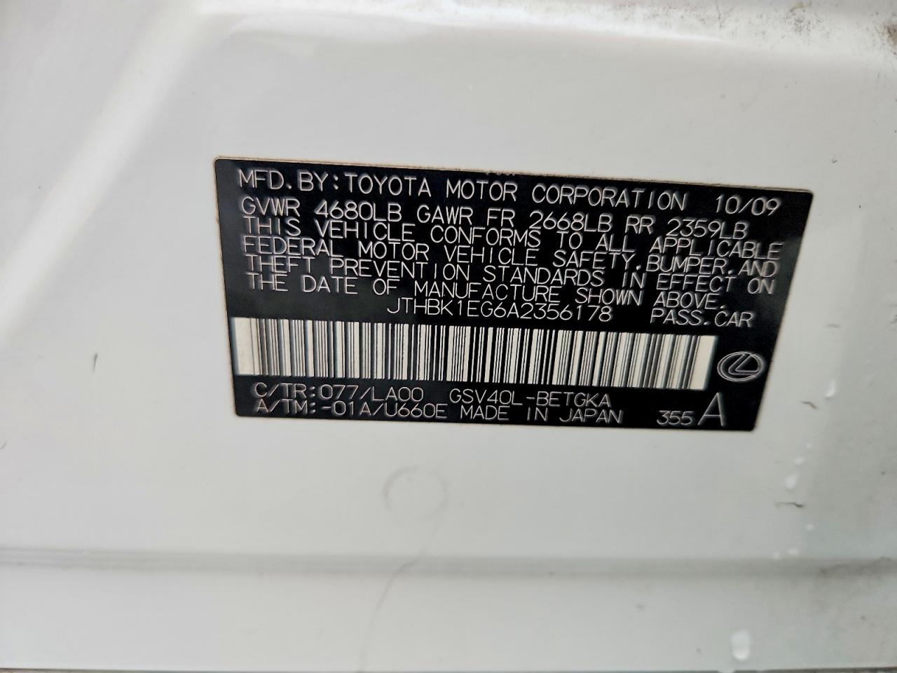 2010 Lexus Es 350 Белый vin: JTHBK1EG6A2356178