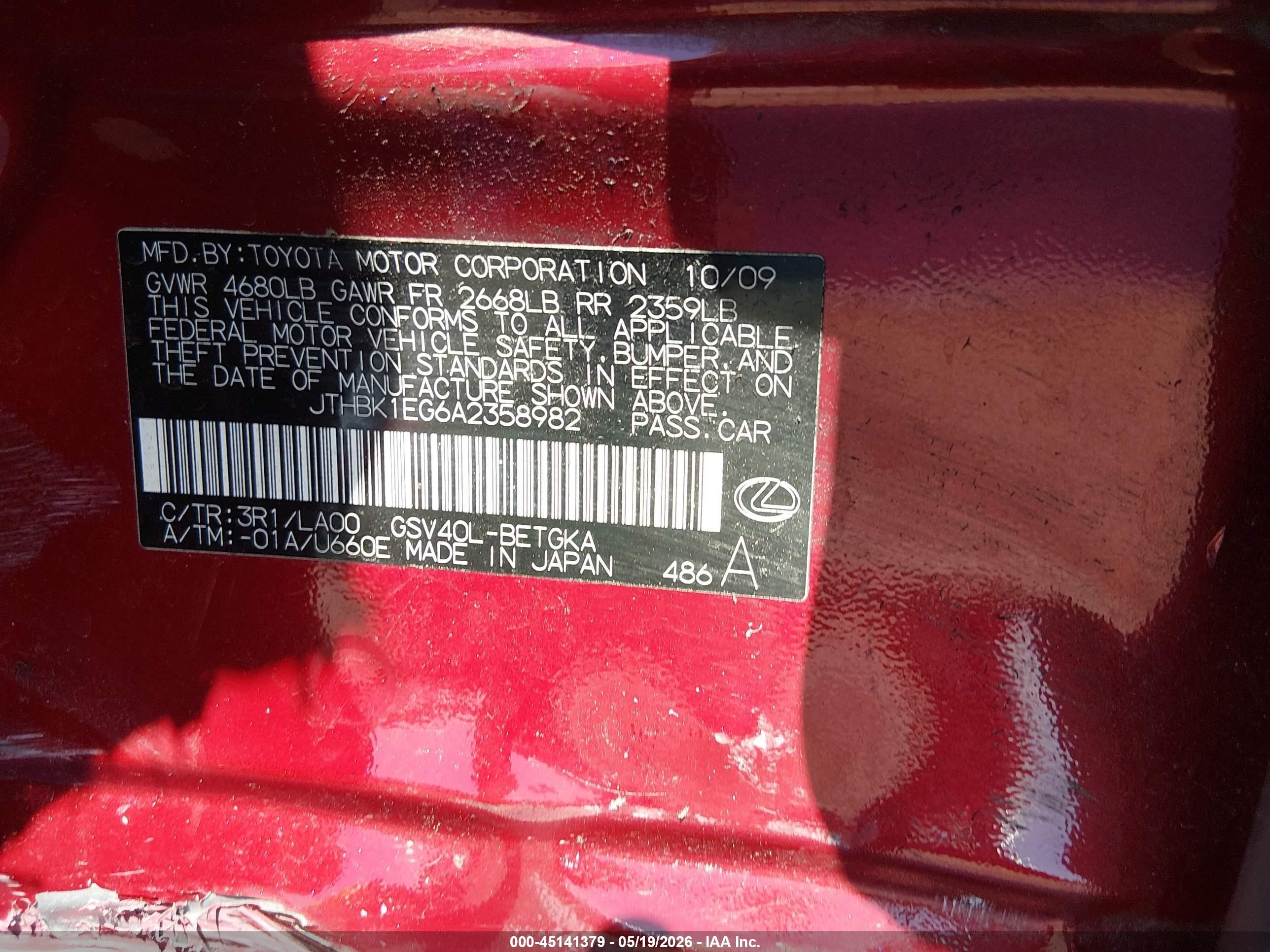 2010 Lexus Es 350   Burgundy vin: JTHBK1EG6A2358982