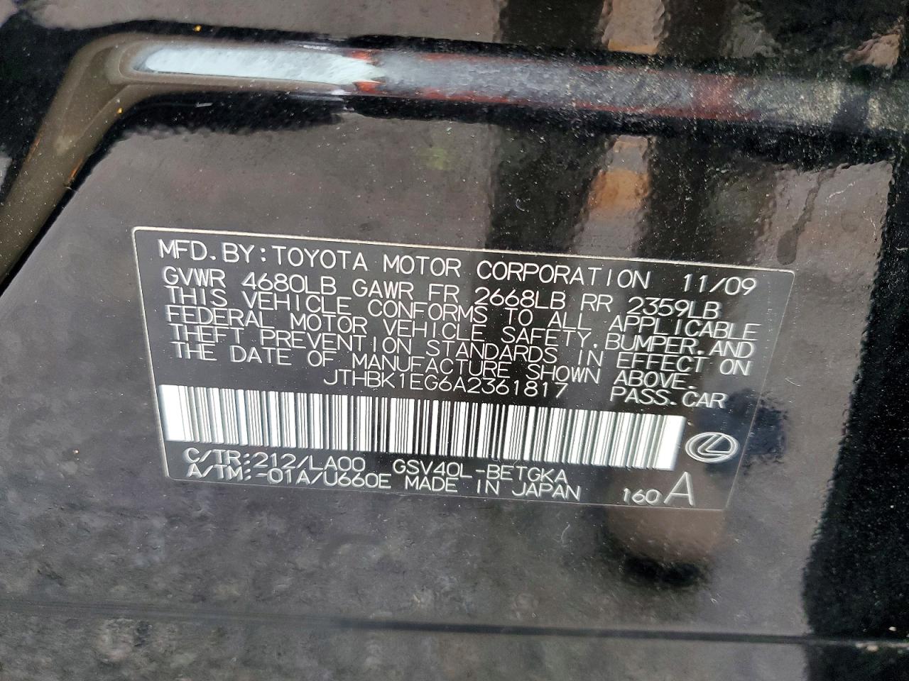 2010 Lexus Es 350 Black vin: JTHBK1EG6A2361817