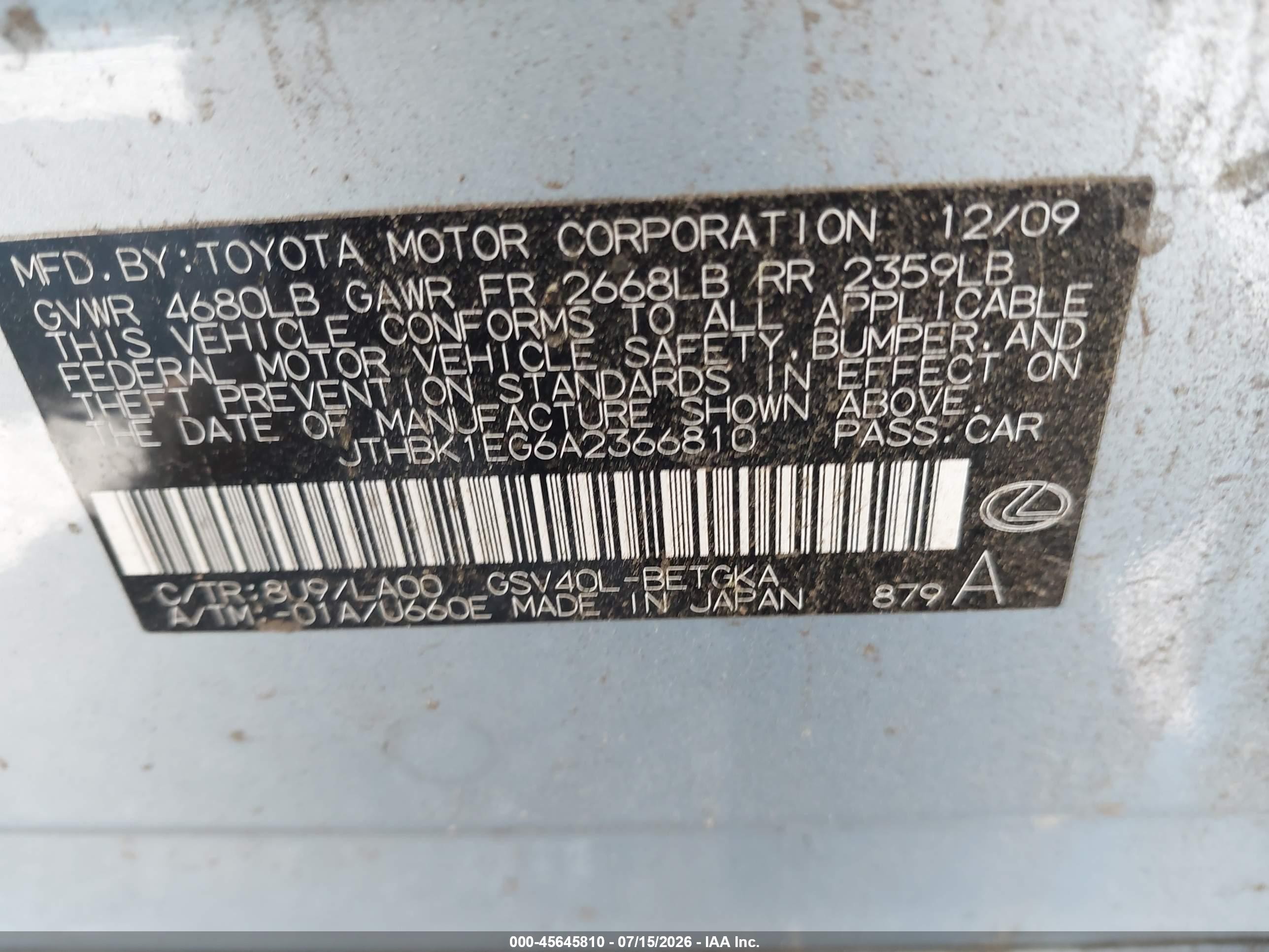 2010 Lexus Es 350   Light Blue vin: JTHBK1EG6A2366810
