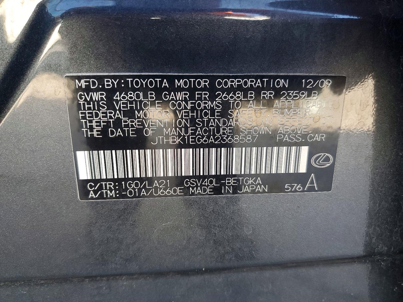 2010 Lexus Es 350 Charcoal vin: JTHBK1EG6A2368587