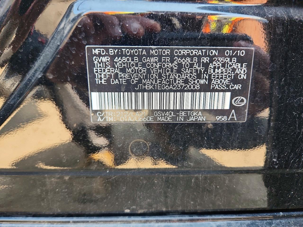 2010 Lexus Es 350 Черный vin: JTHBK1EG6A2372008