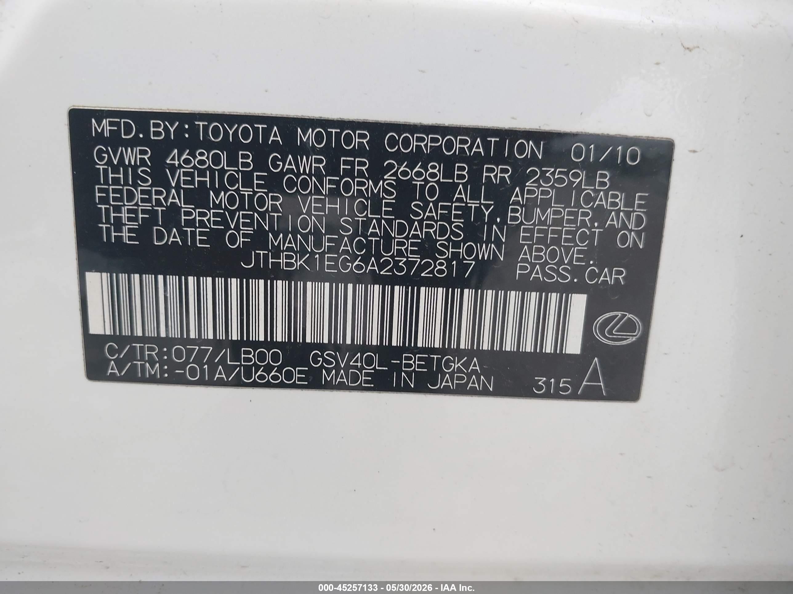 2010 Lexus Es 350 White vin: JTHBK1EG6A2372817