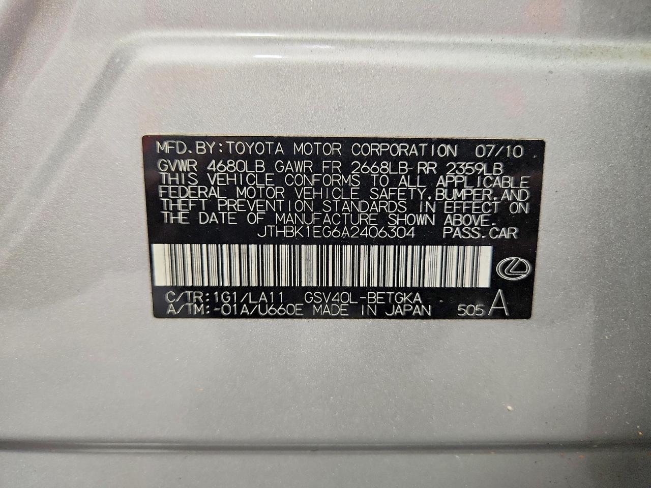 2010 Lexus Es 350 Silver vin: JTHBK1EG6A2406304