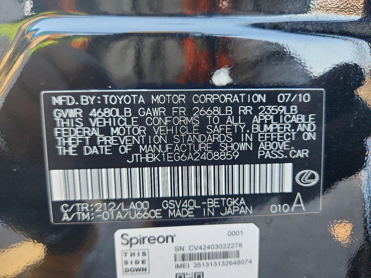 2010 Lexus Es 350 Black vin: JTHBK1EG6A2408859