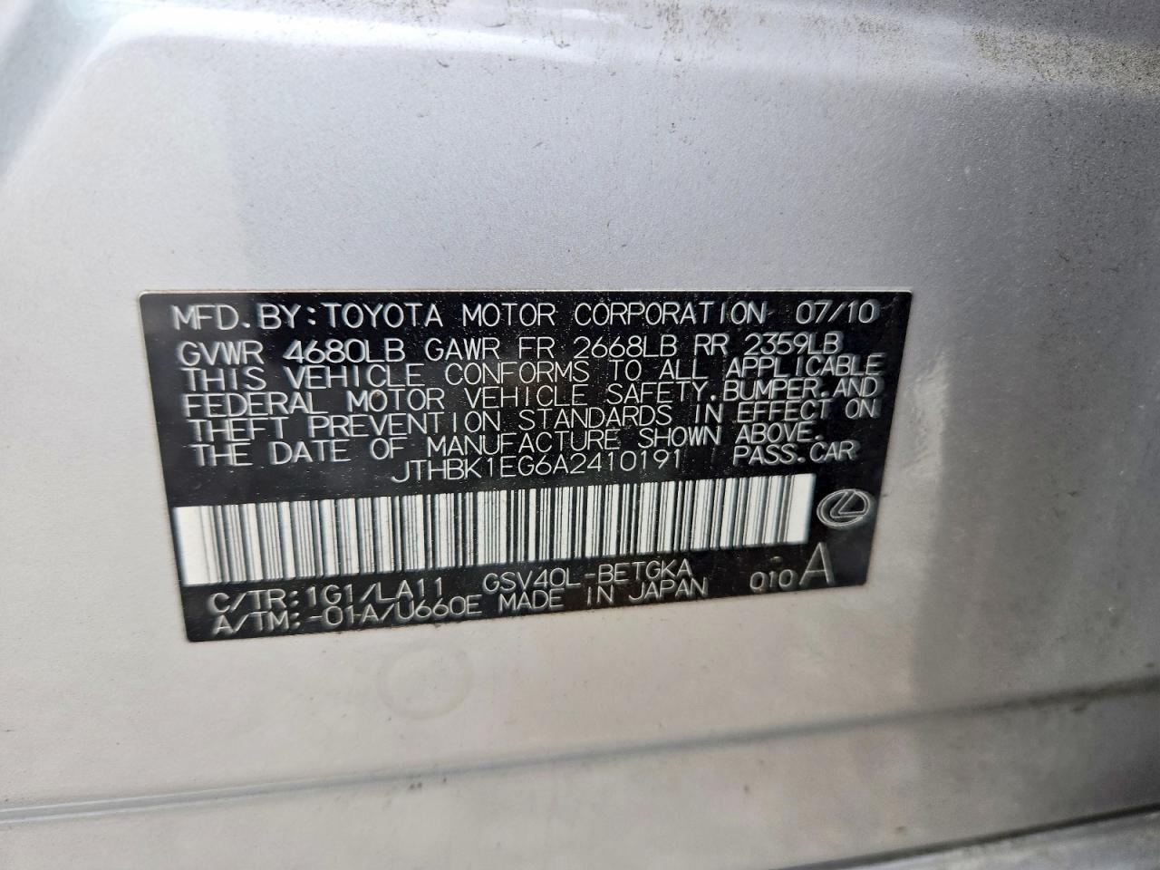 2010 Lexus Es 350 Silver vin: JTHBK1EG6A2410191