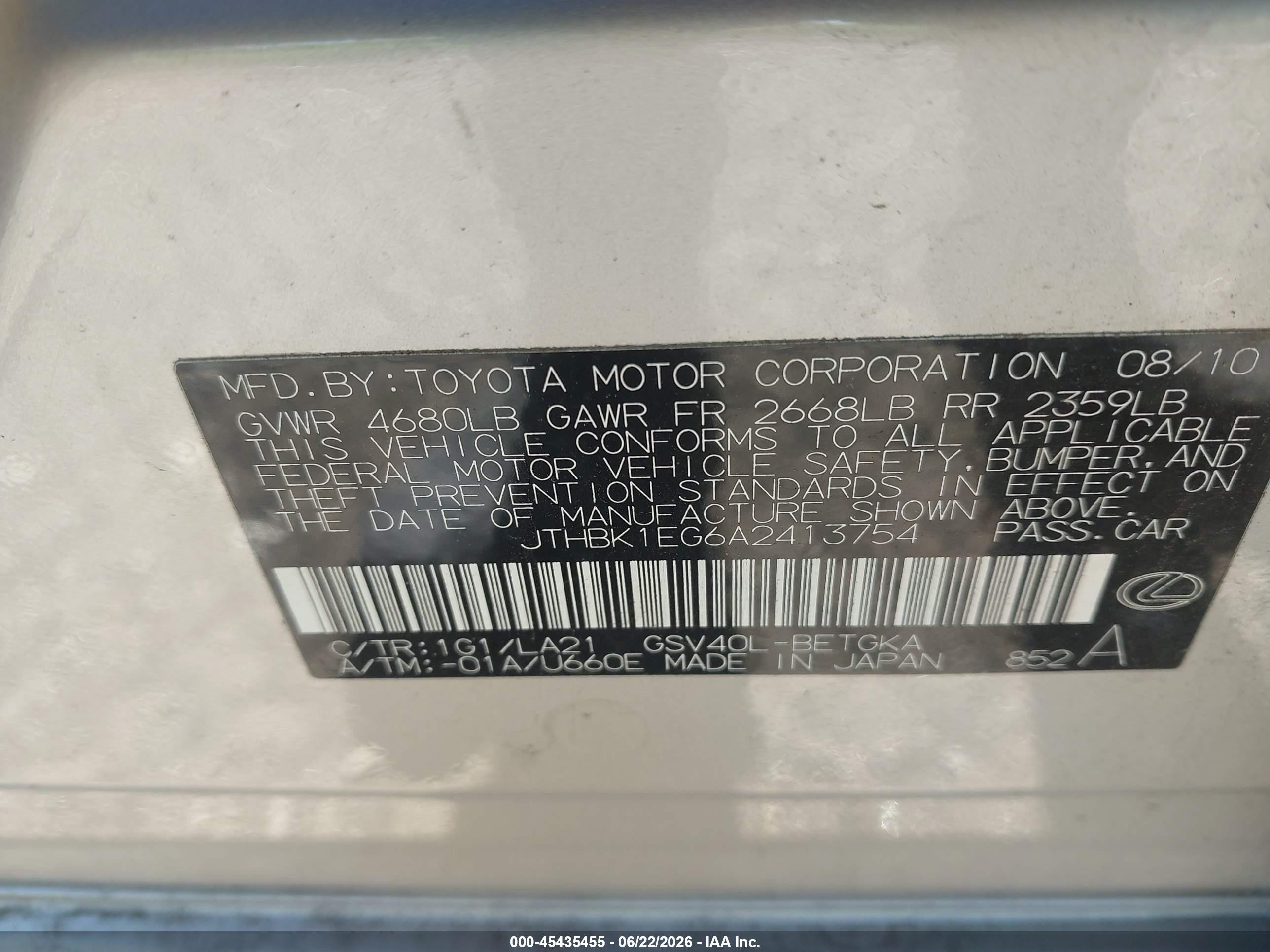 2010 Lexus Es 350   Silver vin: JTHBK1EG6A2413754
