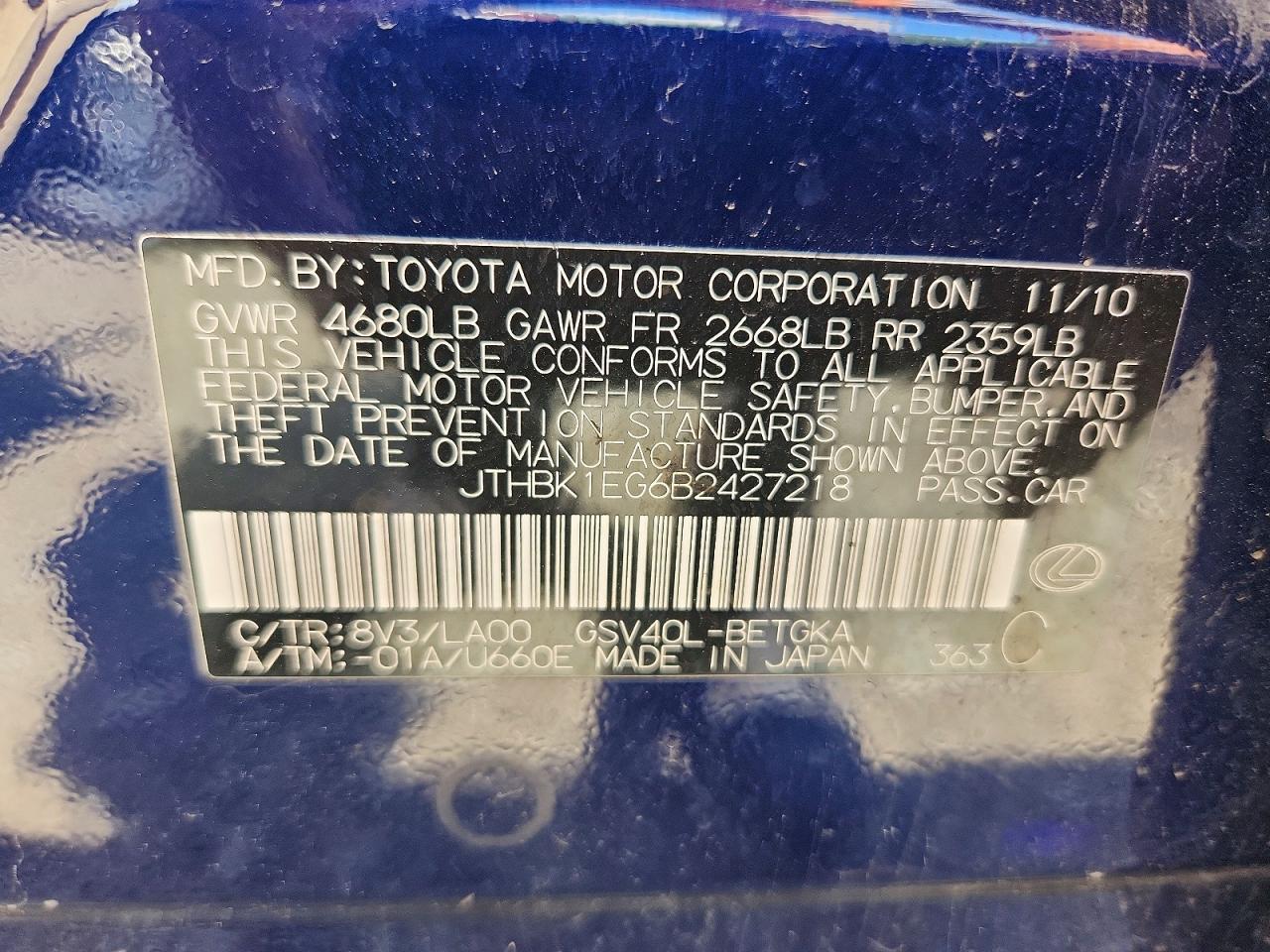 2011 Lexus Es 350 Blue vin: JTHBK1EG6B2427218