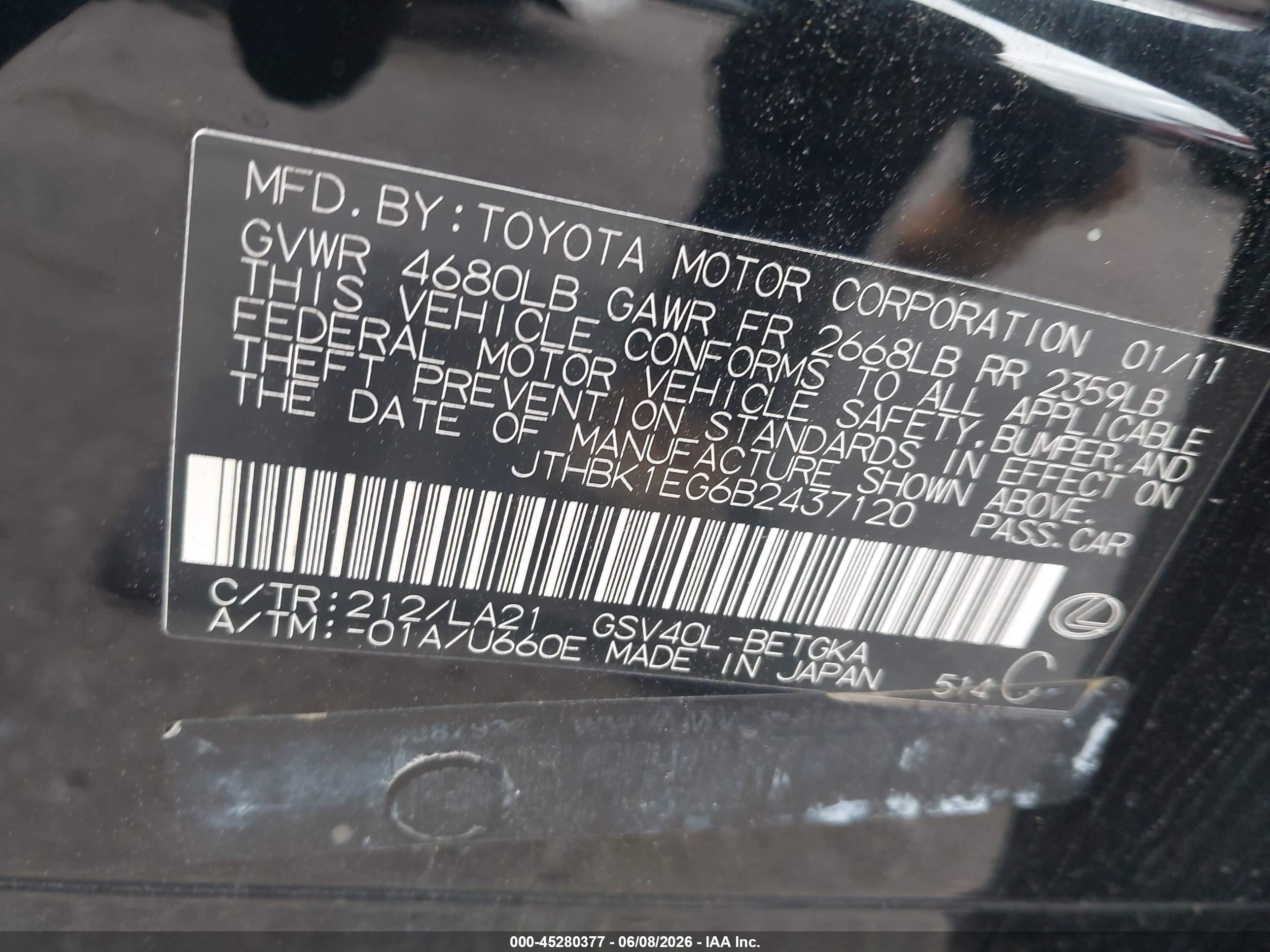 2011 Lexus Es 350   Black vin: JTHBK1EG6B2437120