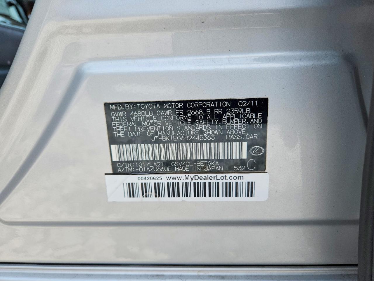 2011 Lexus Es 350 Серебряный vin: JTHBK1EG6B2445363