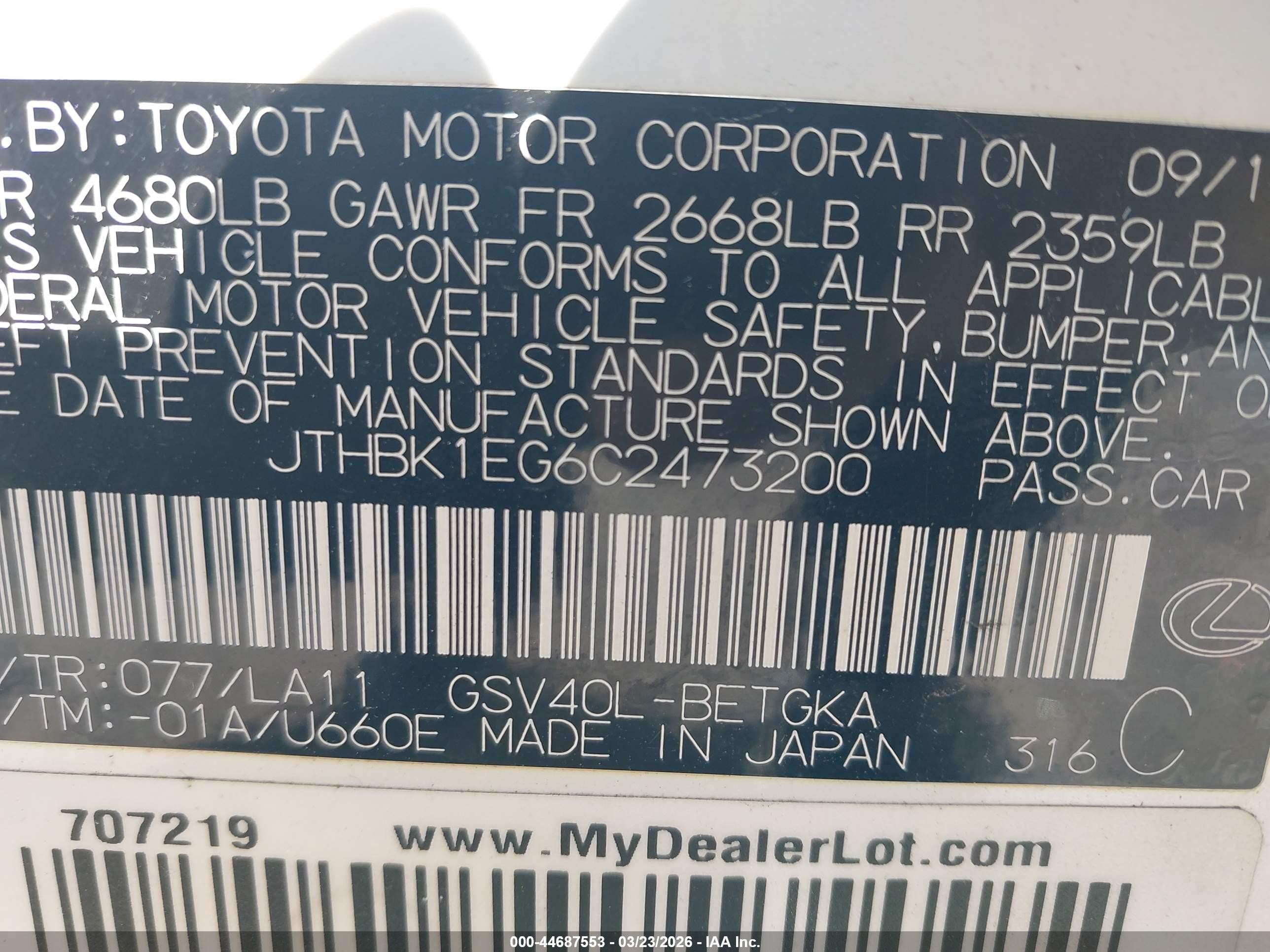 2012 Lexus Es 350   White vin: JTHBK1EG6C2473200