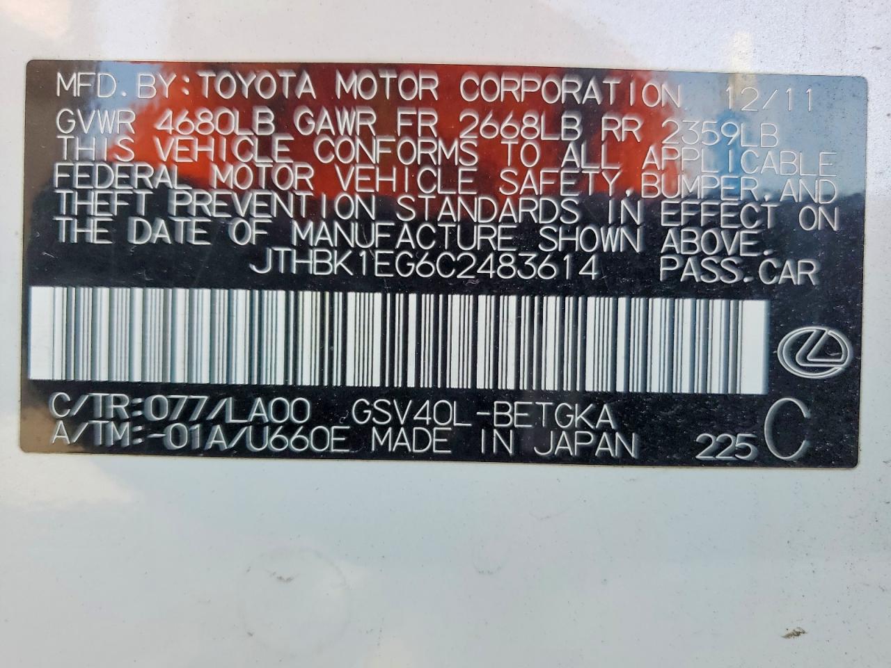 2012 Lexus Es 350 White vin: JTHBK1EG6C2483614