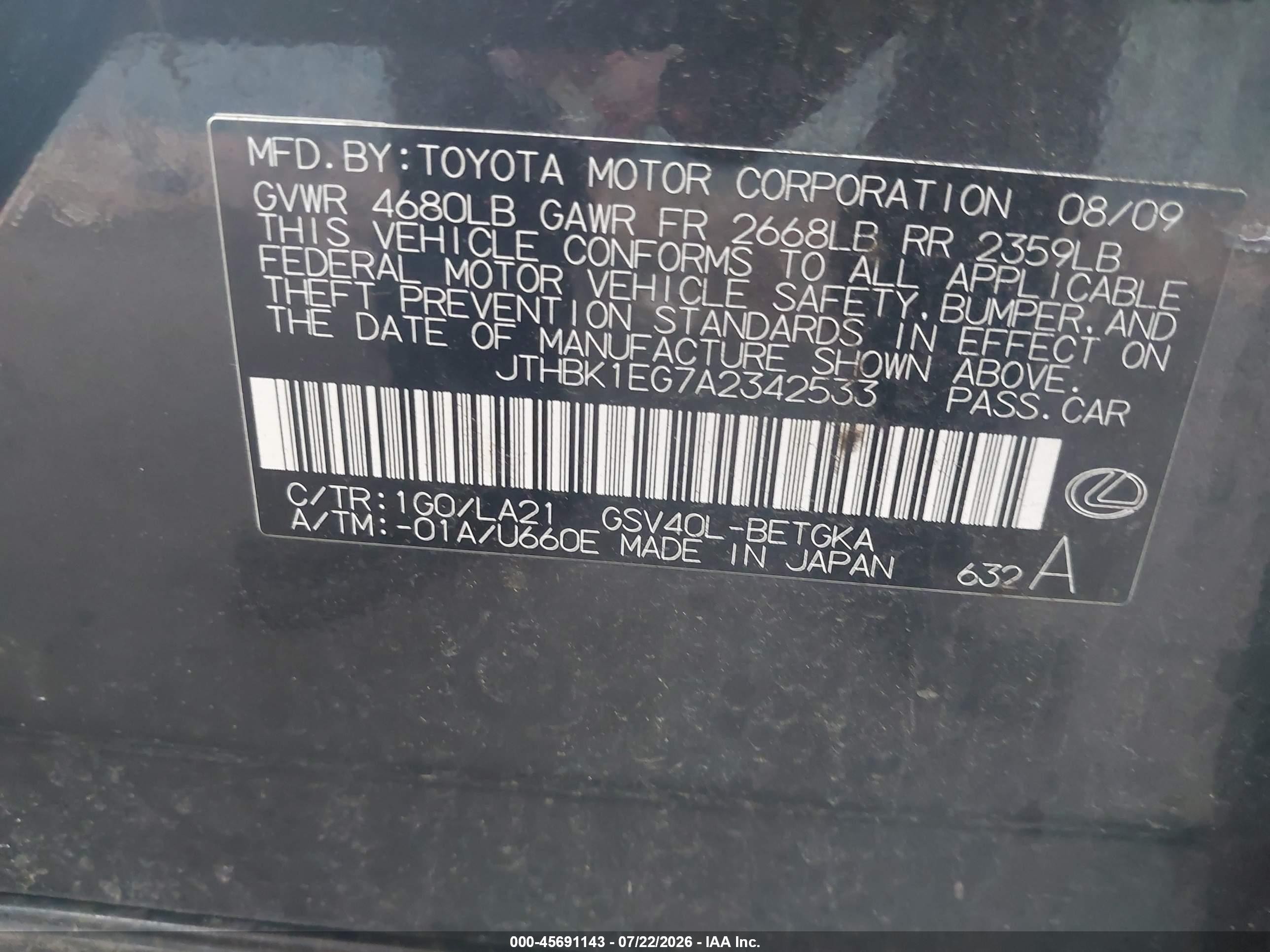 2010 Lexus Es 350   Gray vin: JTHBK1EG7A2342533