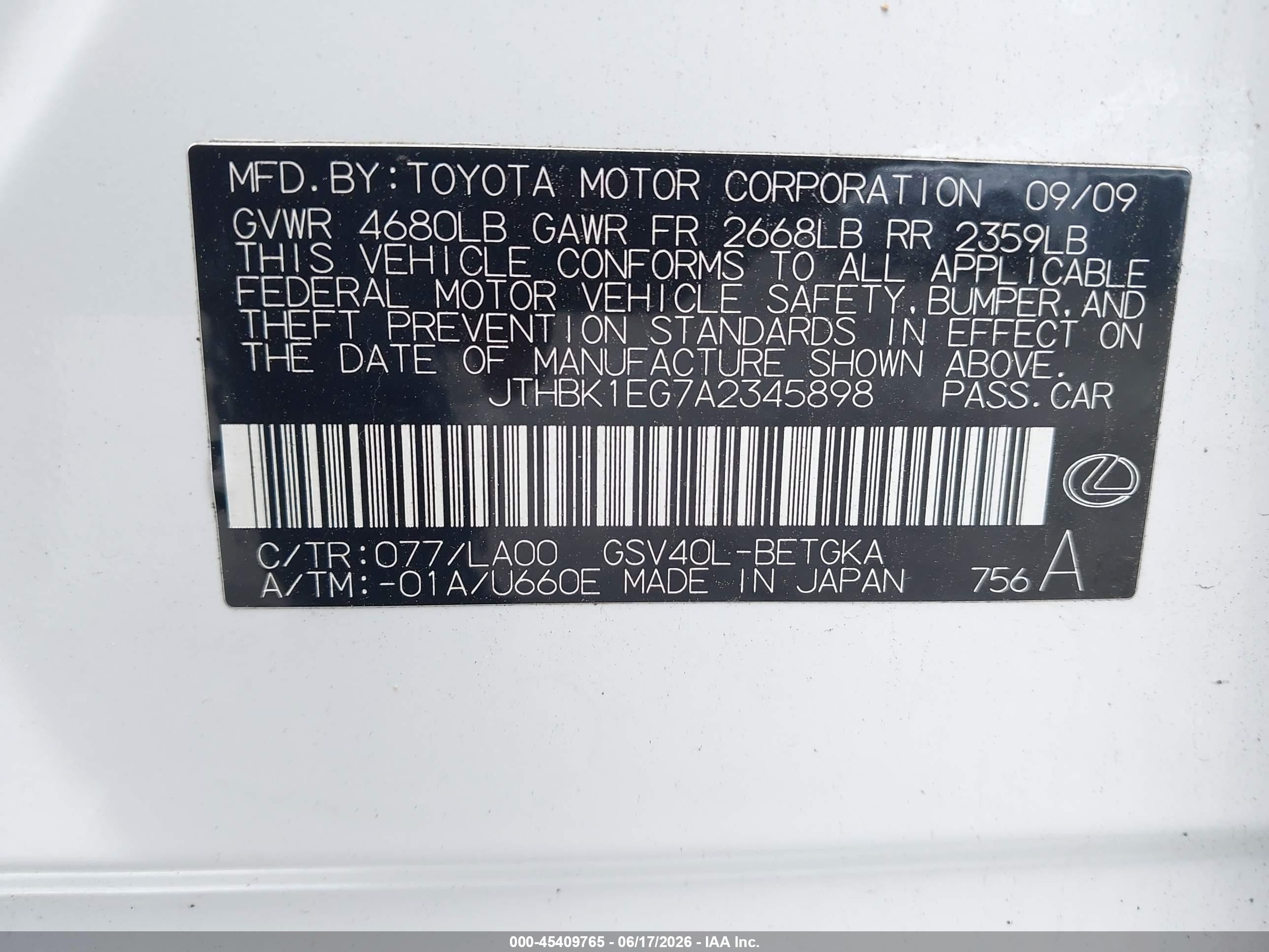 2010 Lexus Es 350   White vin: JTHBK1EG7A2345898