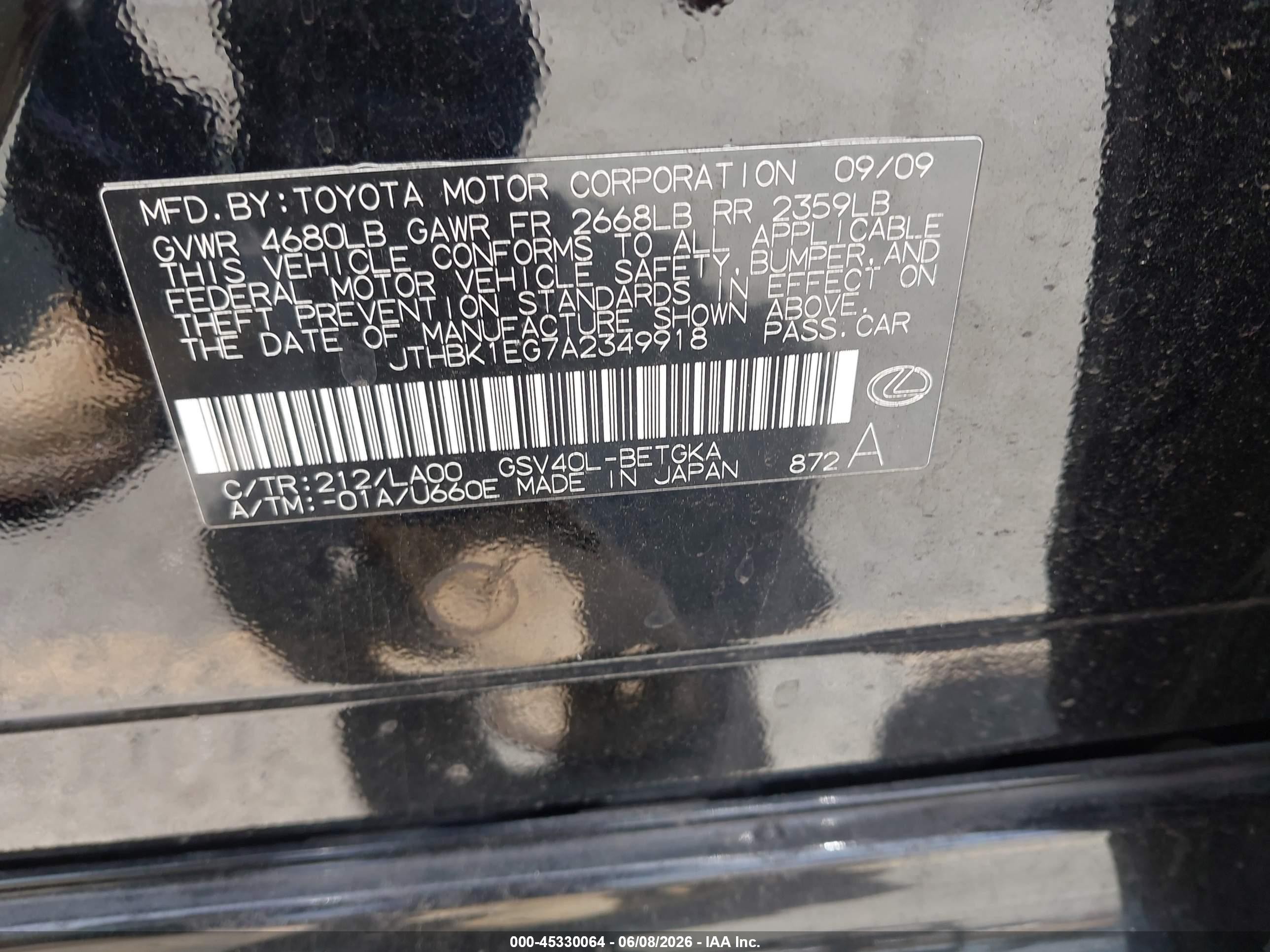 2010 Lexus Es 350   Black vin: JTHBK1EG7A2349918