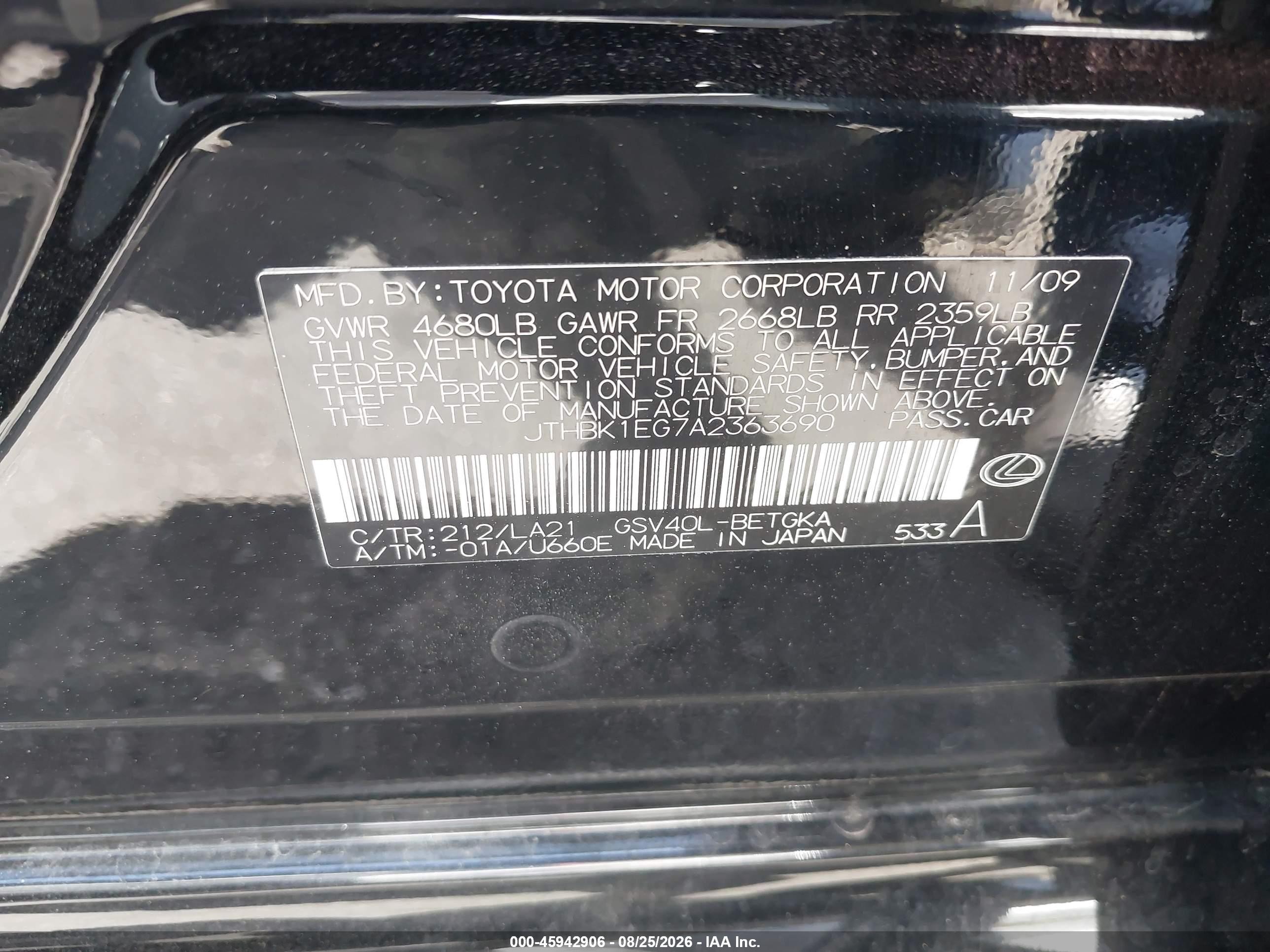 2010 Lexus Es 350   Black vin: JTHBK1EG7A2363690