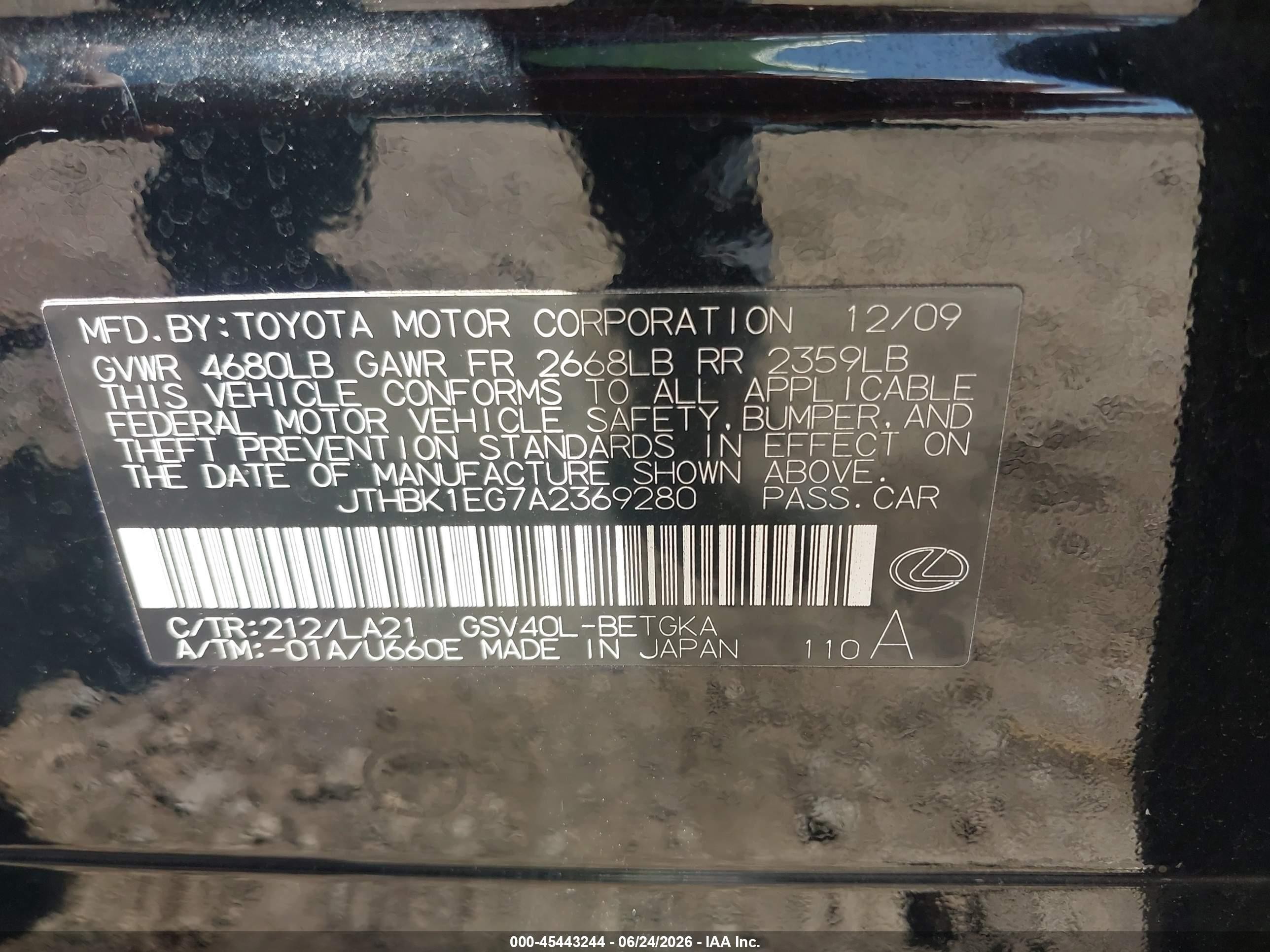 2010 Lexus Es 350   Black vin: JTHBK1EG7A2369280