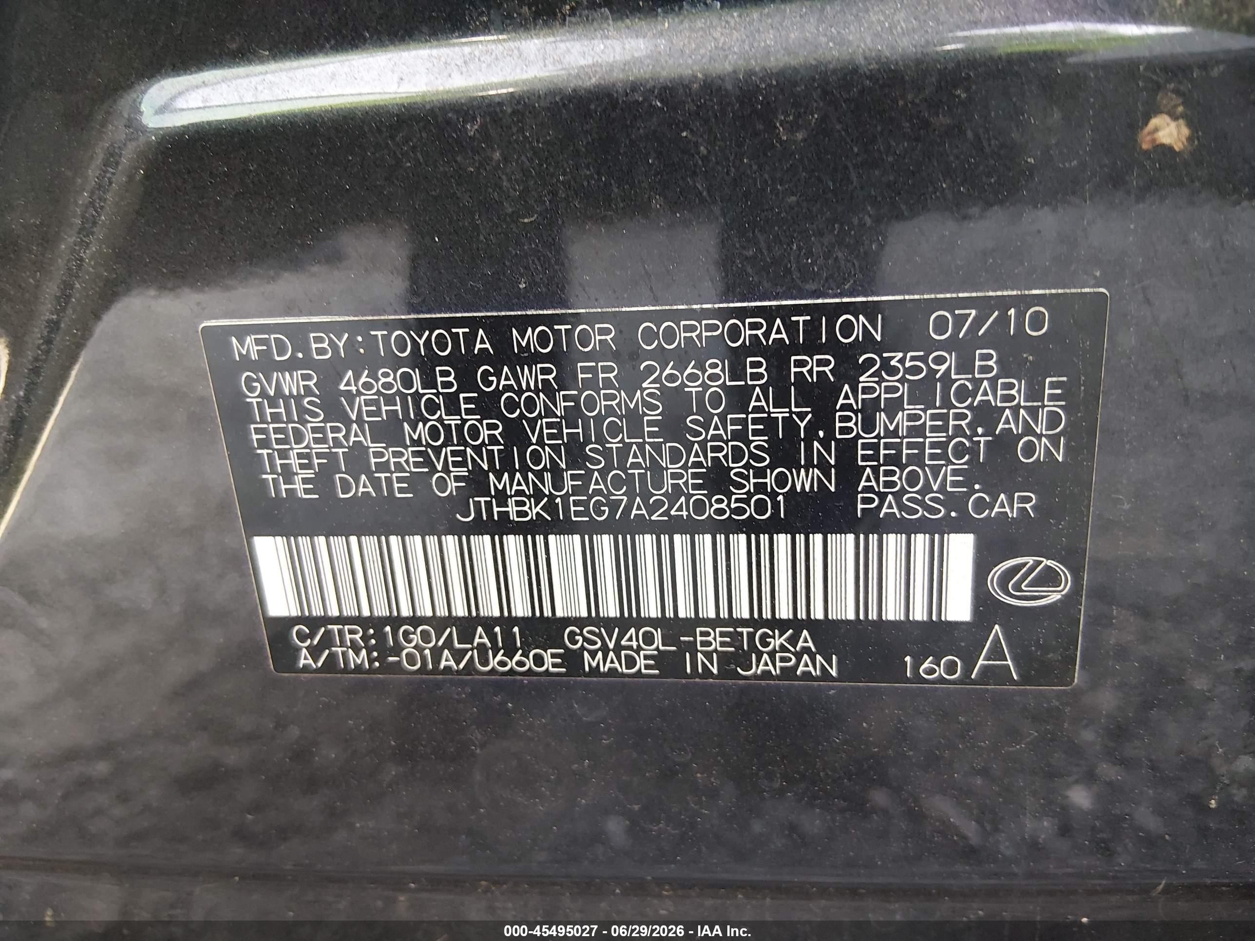 2010 Lexus Es 350 Gray vin: JTHBK1EG7A2408501