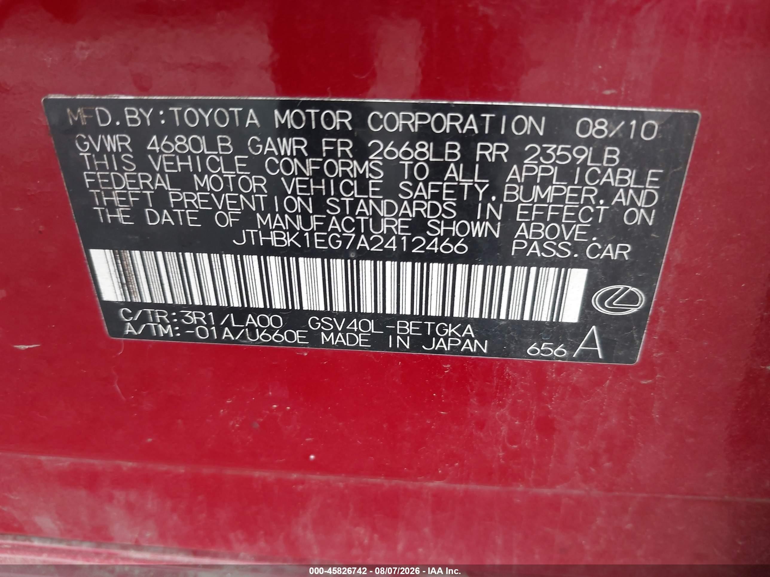2010 Lexus Es 350   Red vin: JTHBK1EG7A2412466
