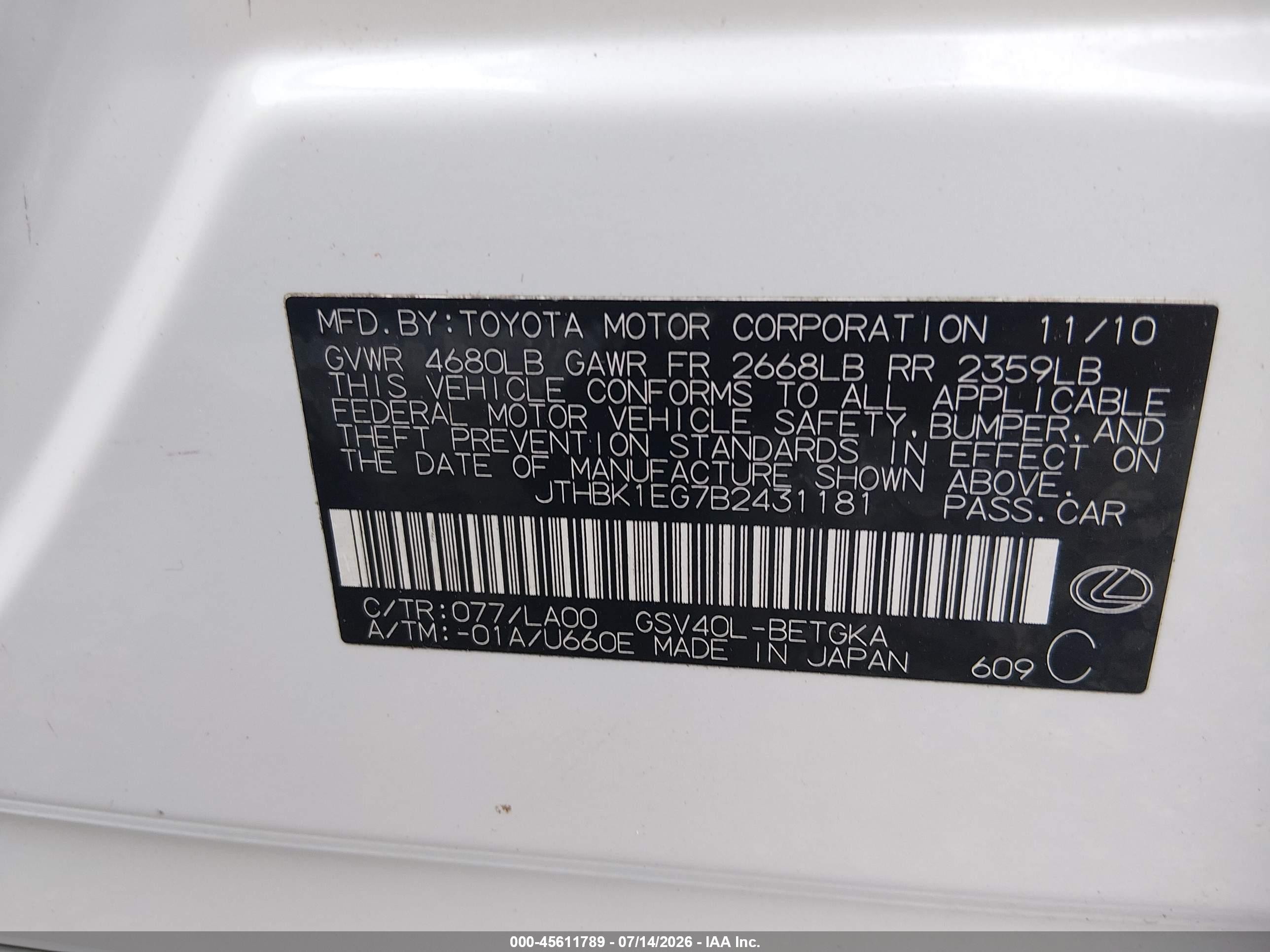 2011 Lexus Es 350   White vin: JTHBK1EG7B2431181