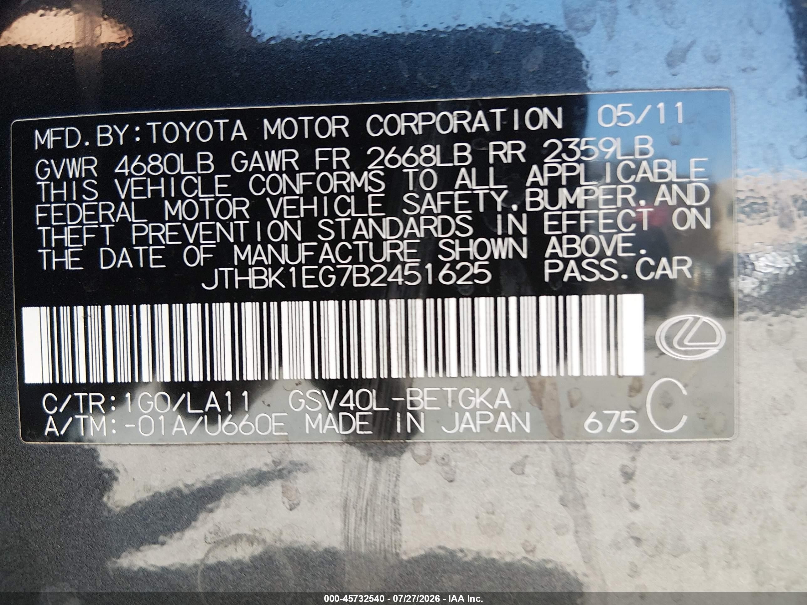 2011 Lexus Es 350 Black vin: JTHBK1EG7B2451625