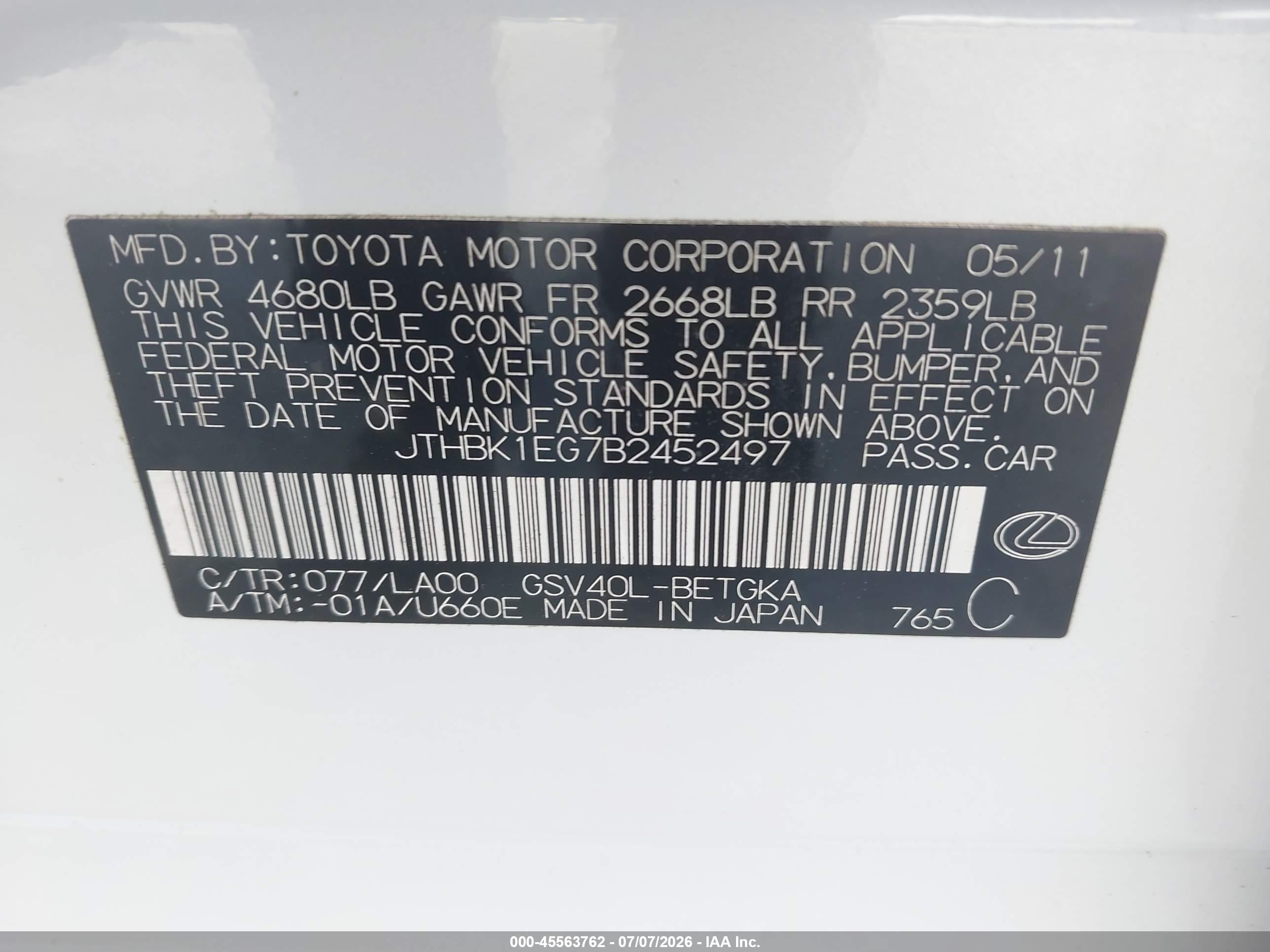2011 Lexus Es 350   White vin: JTHBK1EG7B2452497