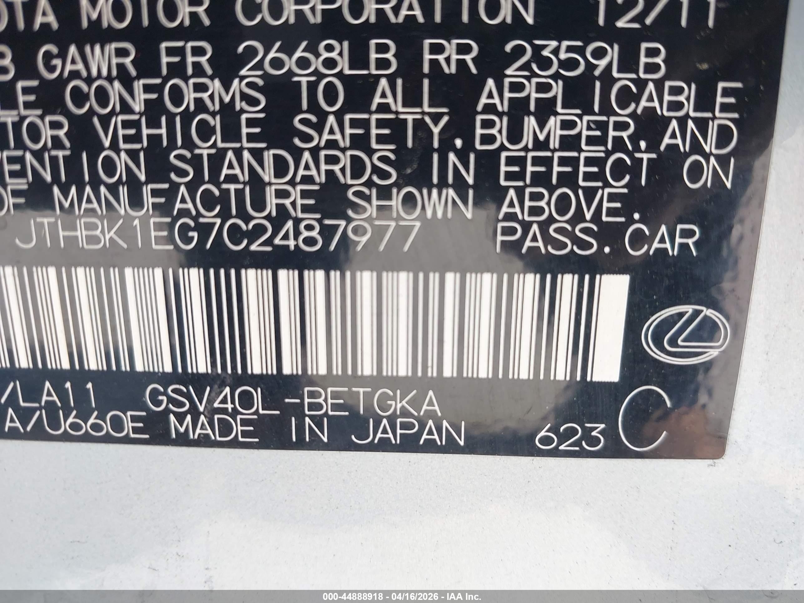 2012 Lexus Es 350 Light Blue vin: JTHBK1EG7C2487977
