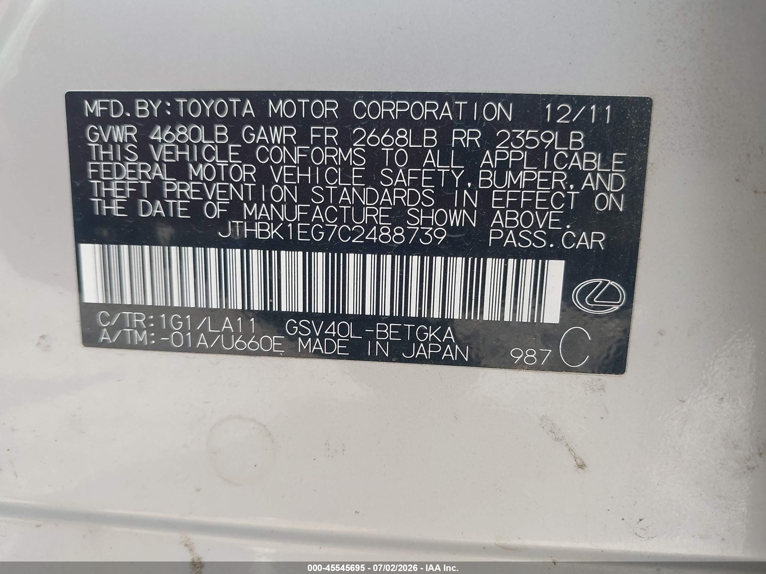 2012 Lexus Es 350   Silver vin: JTHBK1EG7C2488739