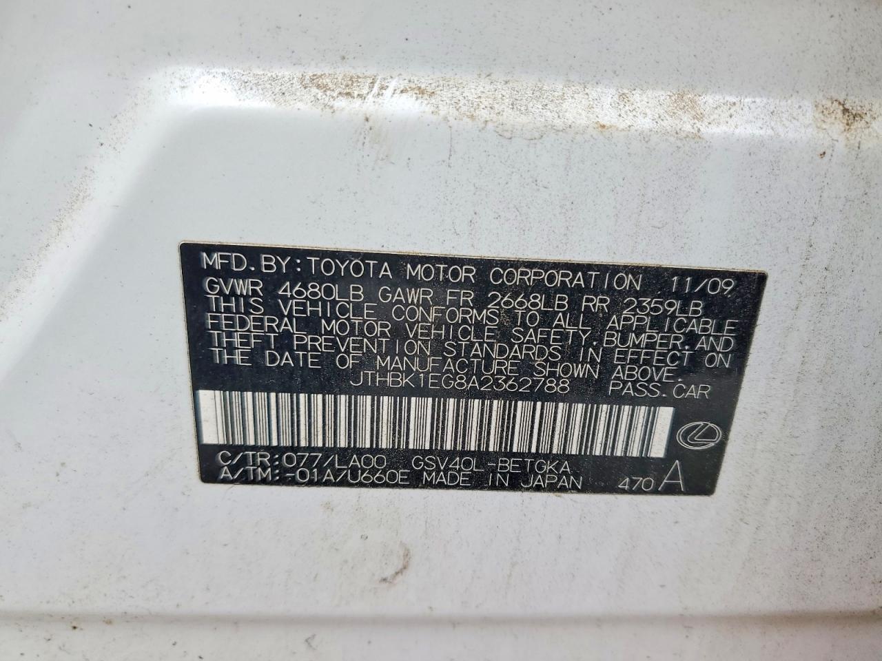 2010 Lexus Es 350 White vin: JTHBK1EG8A2362788