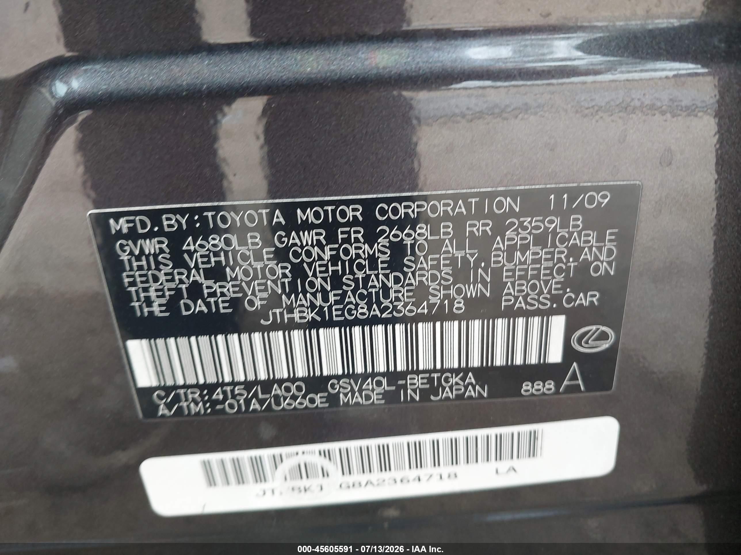 2010 Lexus Es 350   Серый vin: JTHBK1EG8A2364718