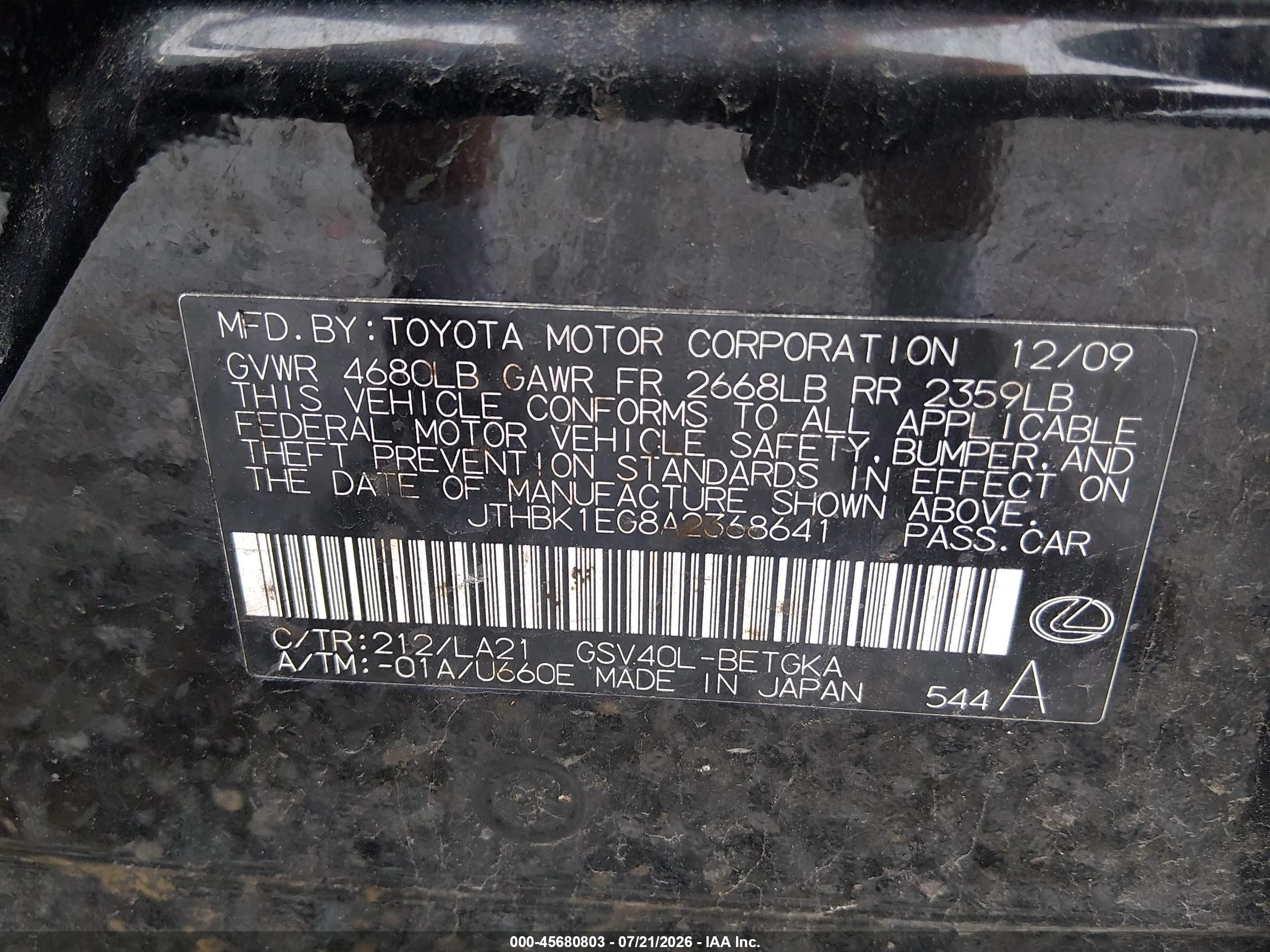 2010 Lexus Es 350   Black vin: JTHBK1EG8A2368641