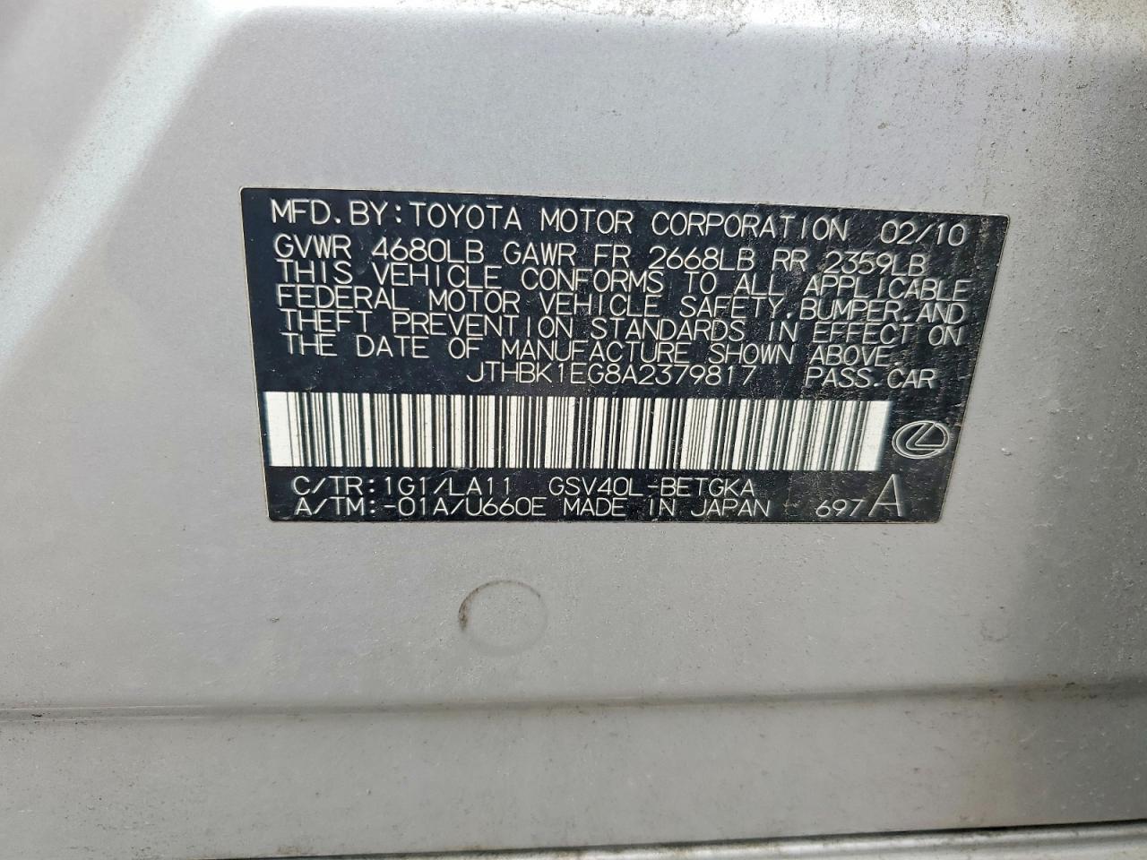 2010 Lexus Es 350 Silver vin: JTHBK1EG8A2379817