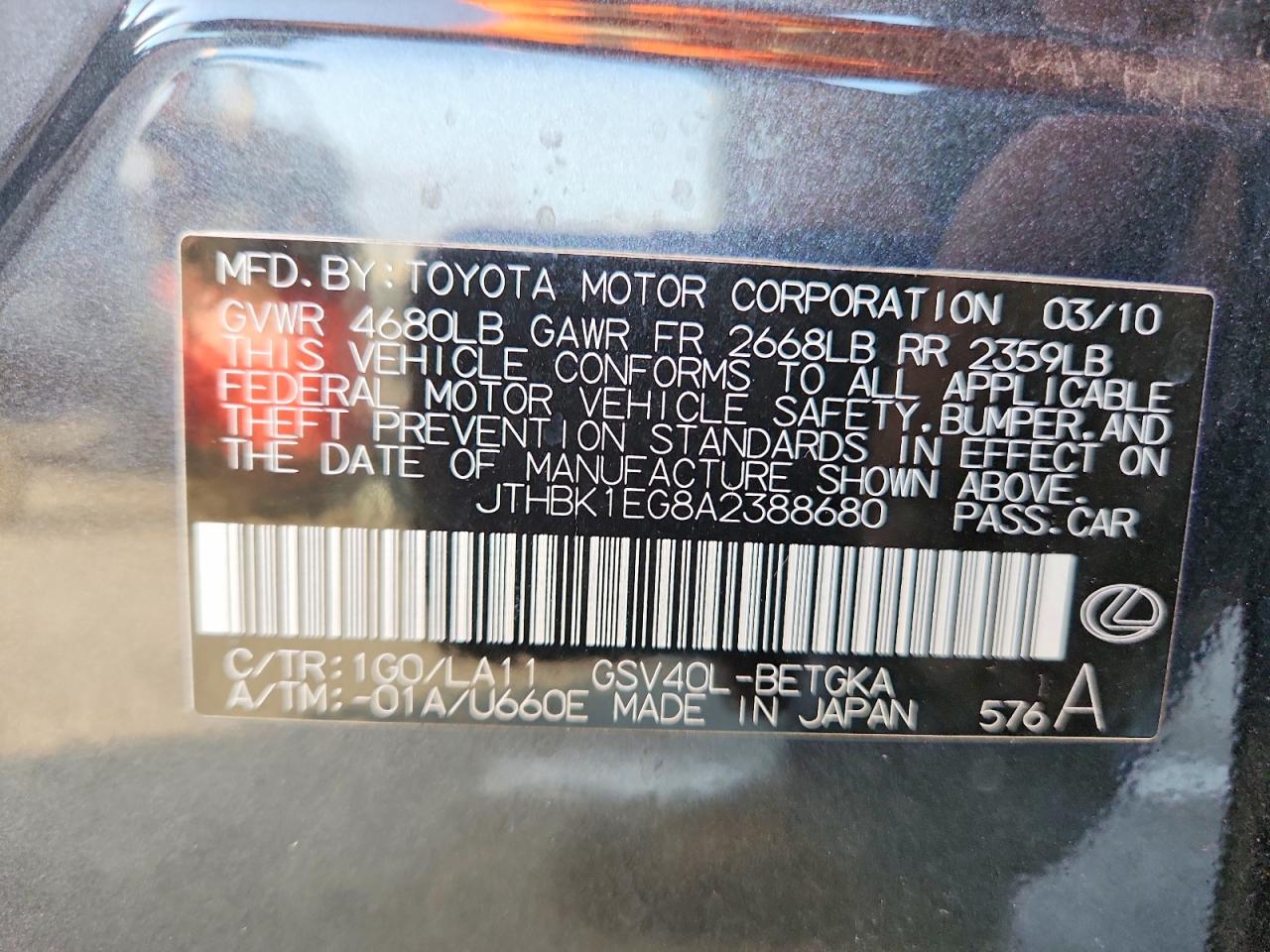 2010 Lexus Es 350 Charcoal vin: JTHBK1EG8A2388680