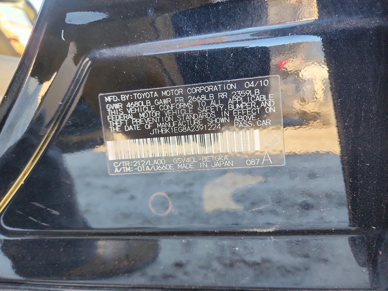 2010 Lexus Es 350 Black vin: JTHBK1EG8A2391224
