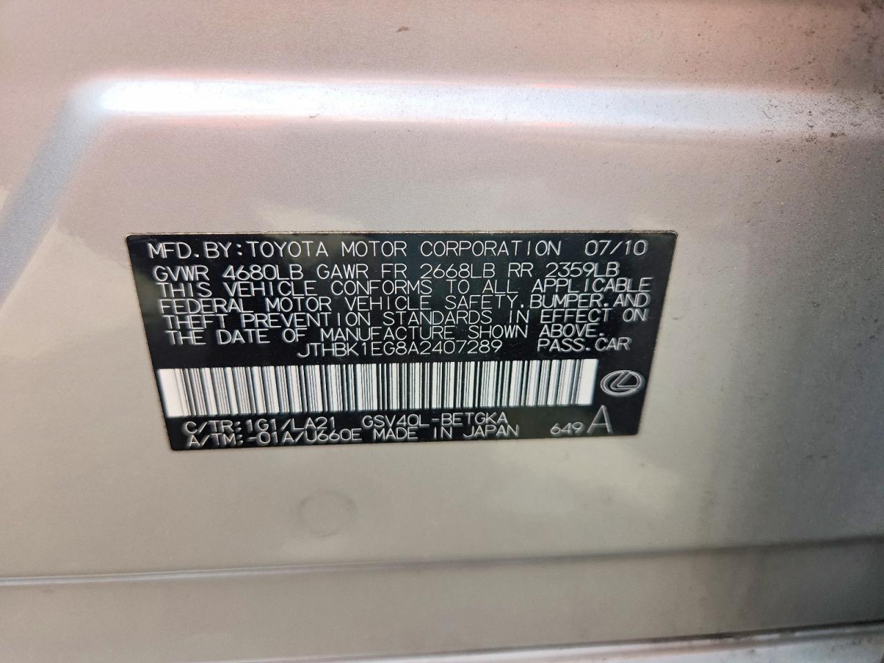 2010 Lexus Es 350 Silver vin: JTHBK1EG8A2407289