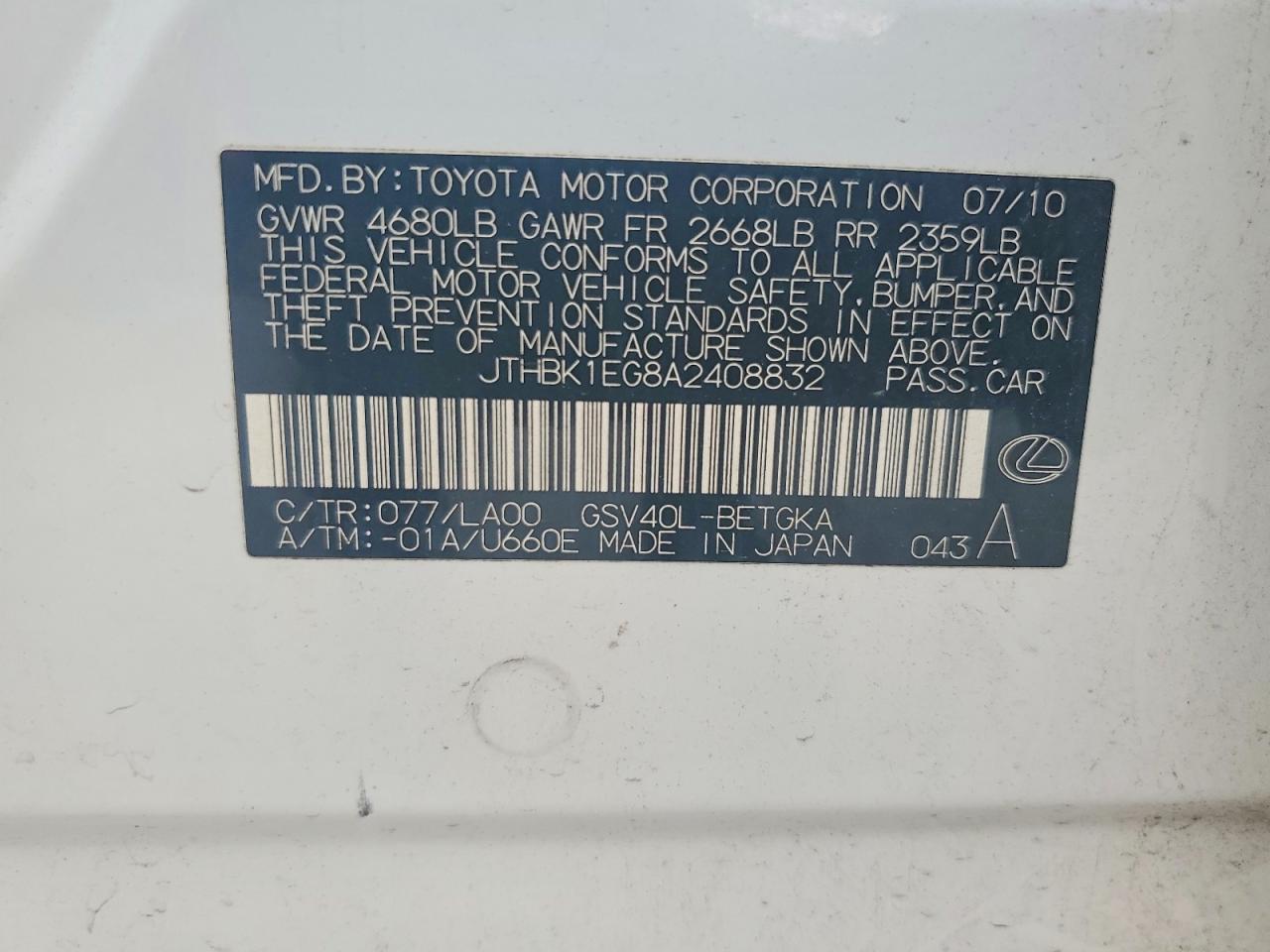2010 Lexus Es 350 White vin: JTHBK1EG8A2408832
