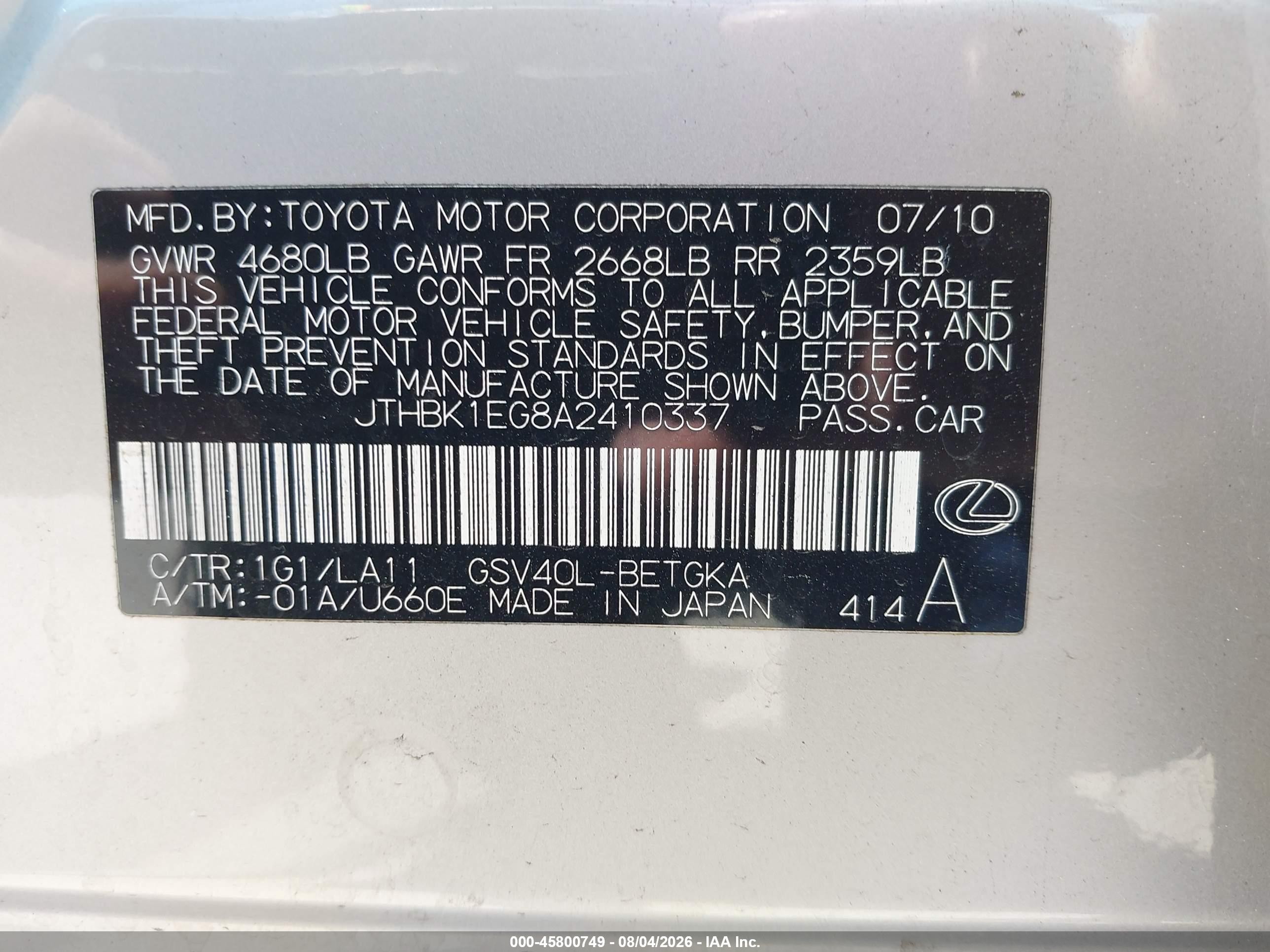 2010 Lexus Es 350   Silver vin: JTHBK1EG8A2410337