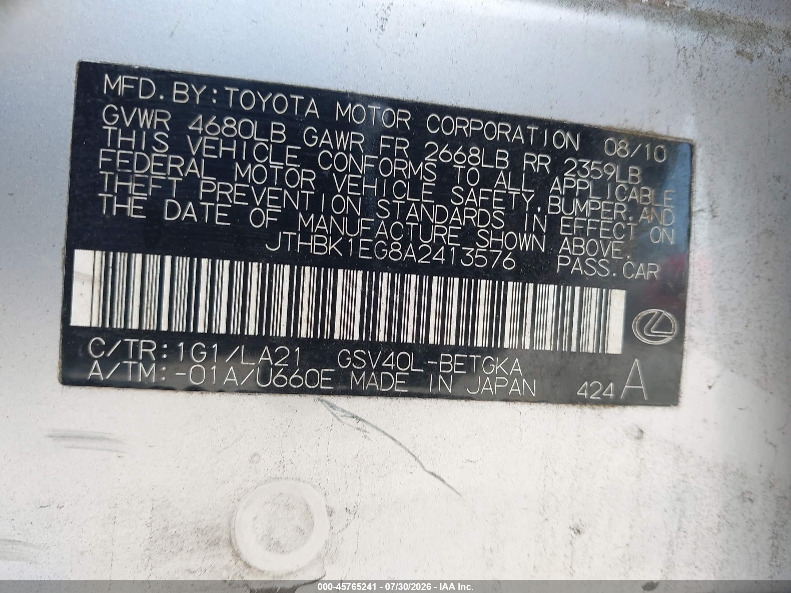 2010 Lexus Es 350   Silver vin: JTHBK1EG8A2413576