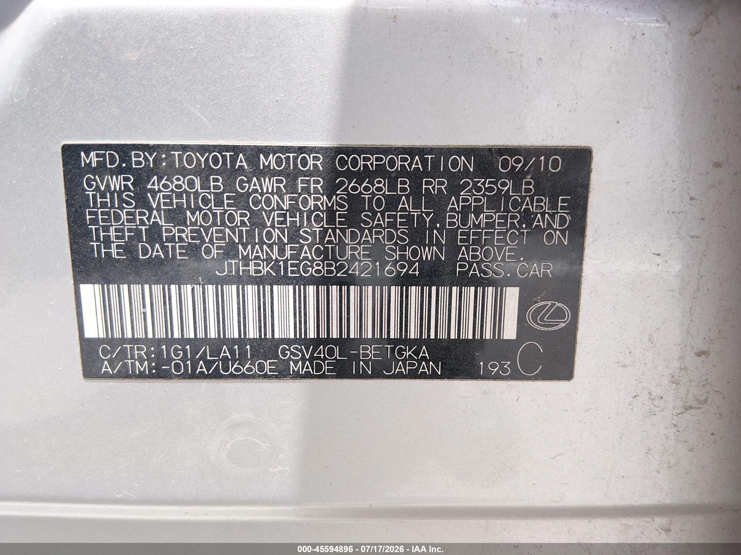 2011 Lexus Es 350   Silver vin: JTHBK1EG8B2421694