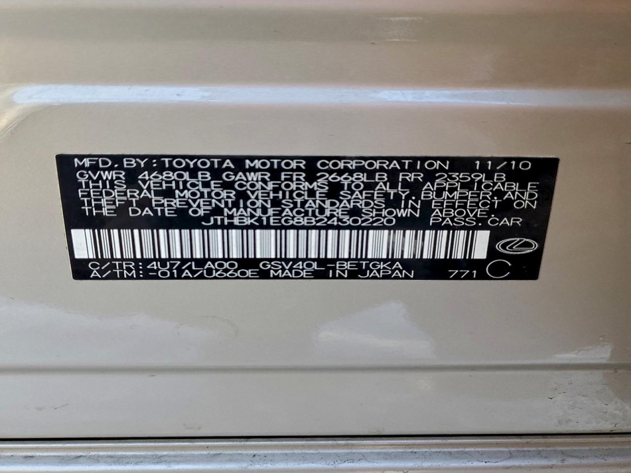 2011 Lexus Es 350 Silver vin: JTHBK1EG8B2430220