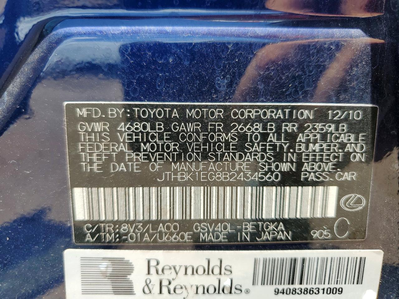 2011 Lexus Es 350 Blue vin: JTHBK1EG8B2434560