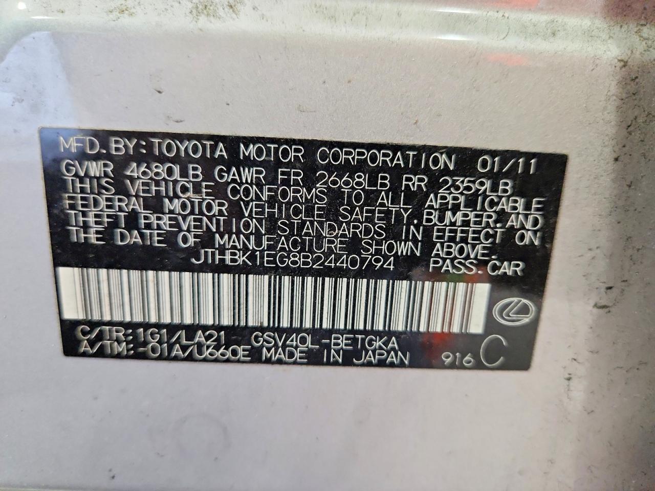2011 Lexus Es 350 Silver vin: JTHBK1EG8B2440794